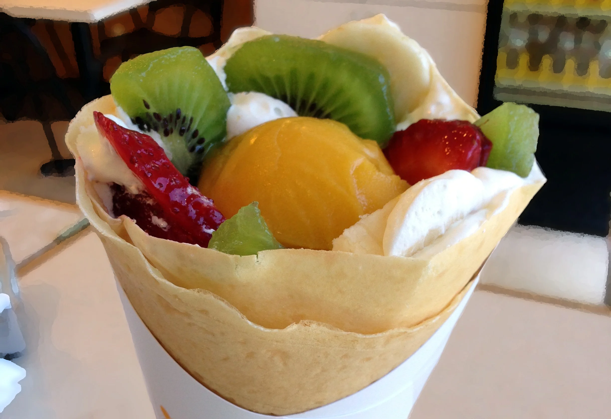 Mixed fruit crepe with mango sorbet