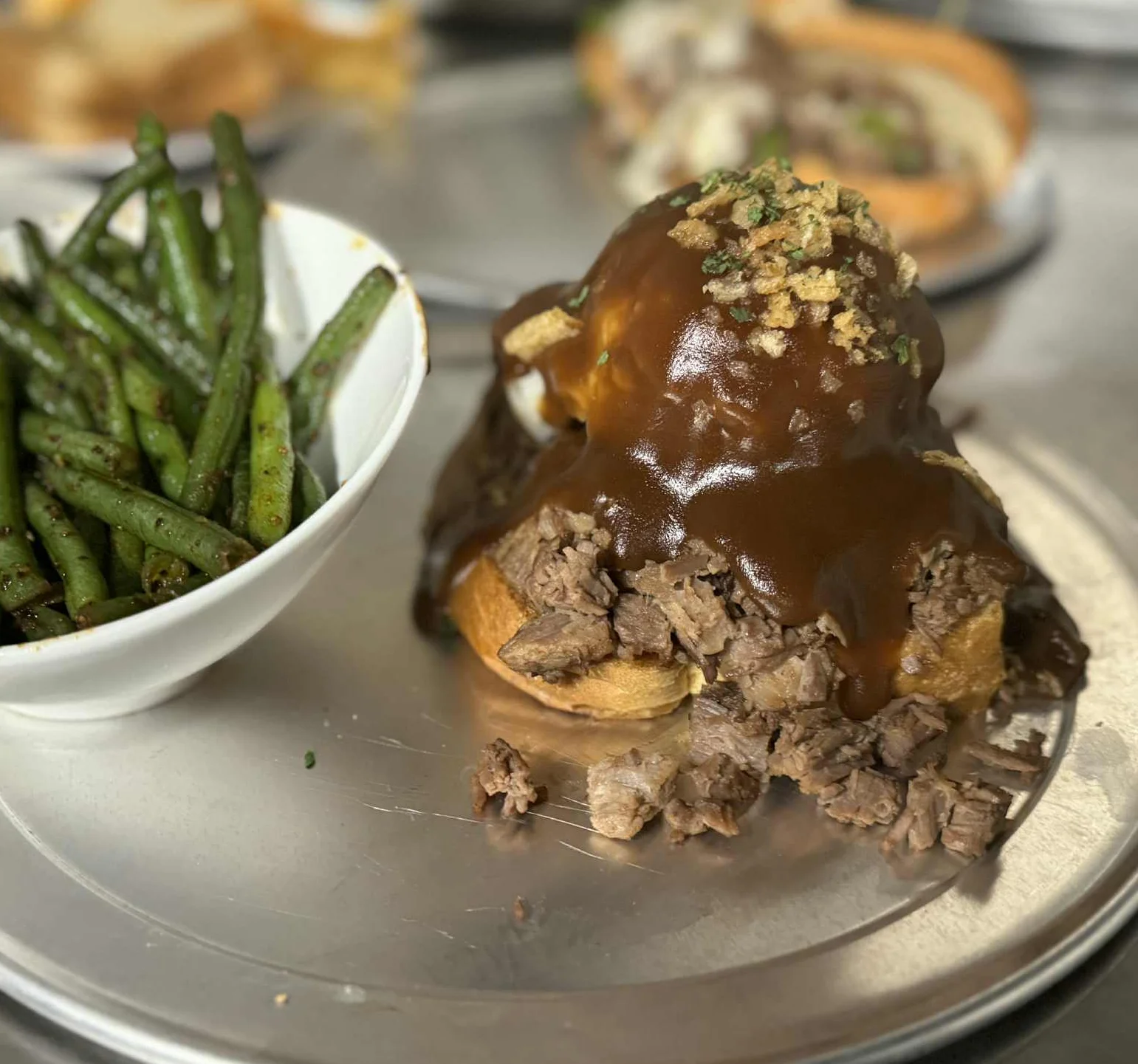 A dish Open Face Hot Roast Beef