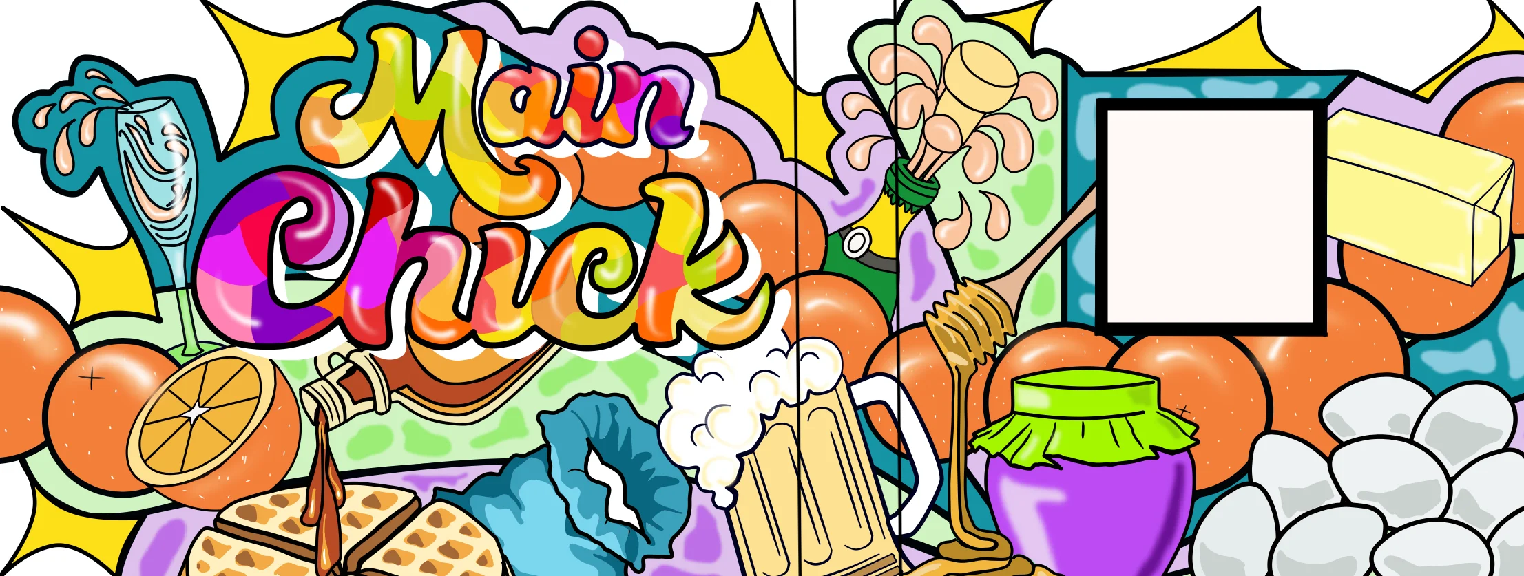 Colorful illustration of a vibrant food scene with various dishes and drinks