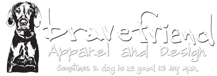 Bravefriend Apparel and Design logo featuring a dog illustration