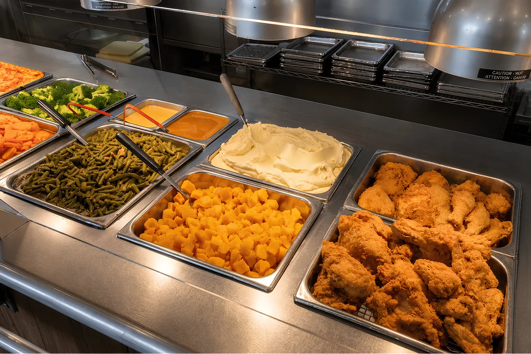 A buffet with various dishes including fried chicken, vegetables, and mashed potatoes.