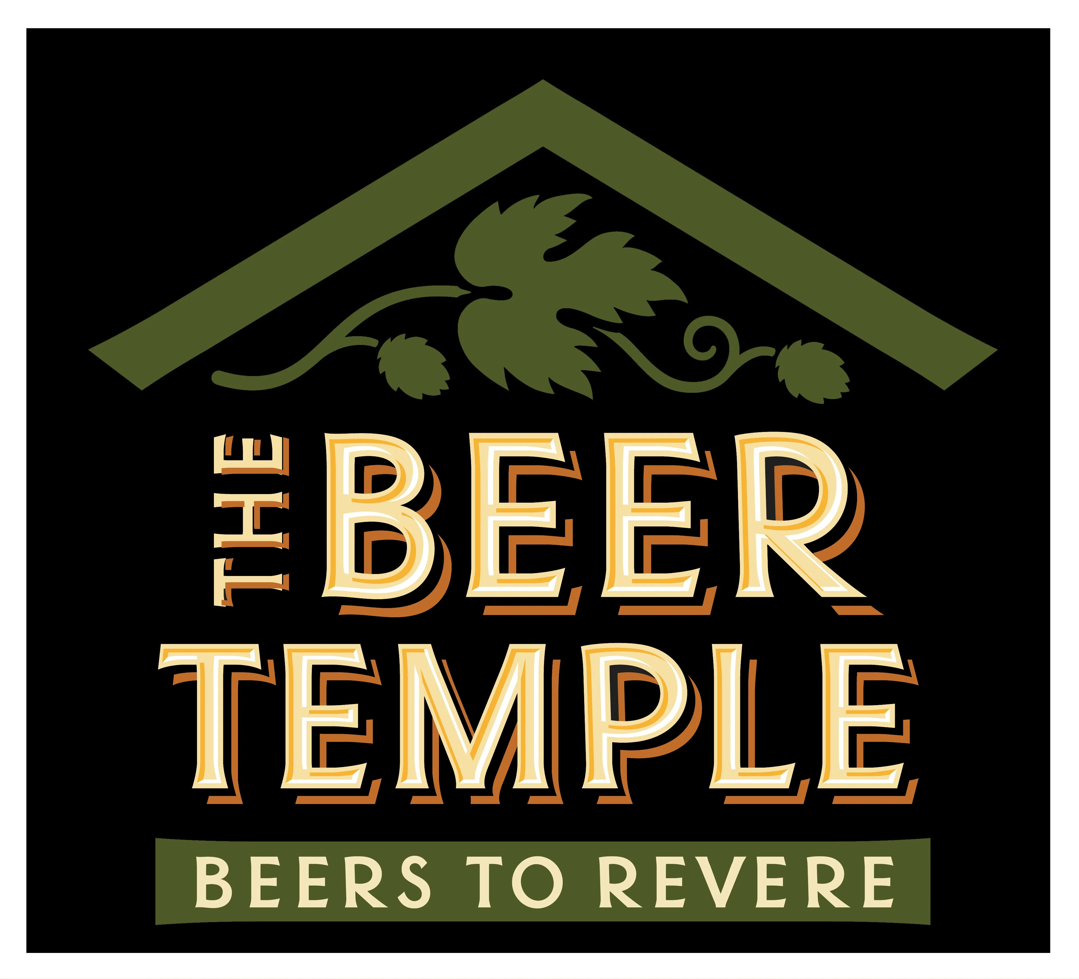 Logo of The Beer Temple featuring hops and a roof design