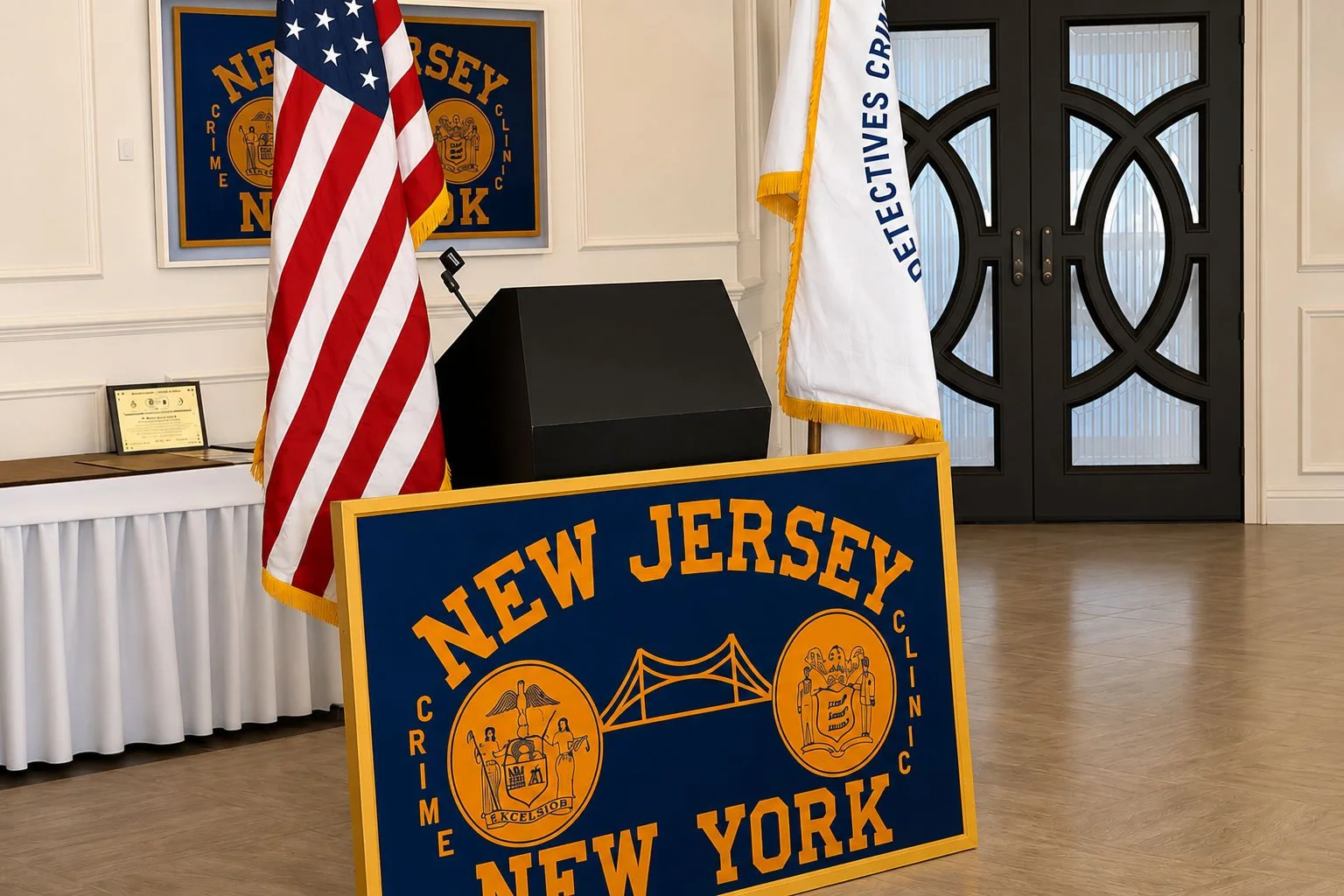 New Jersey and New York Crime Clinic sign with American flag in a venue.
