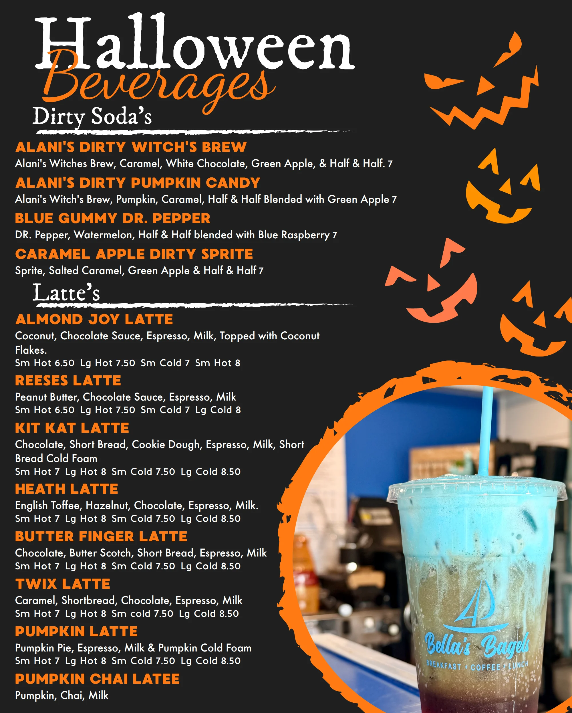 Restaurant beverage and latte menu graphic with colorful iced coffee drink