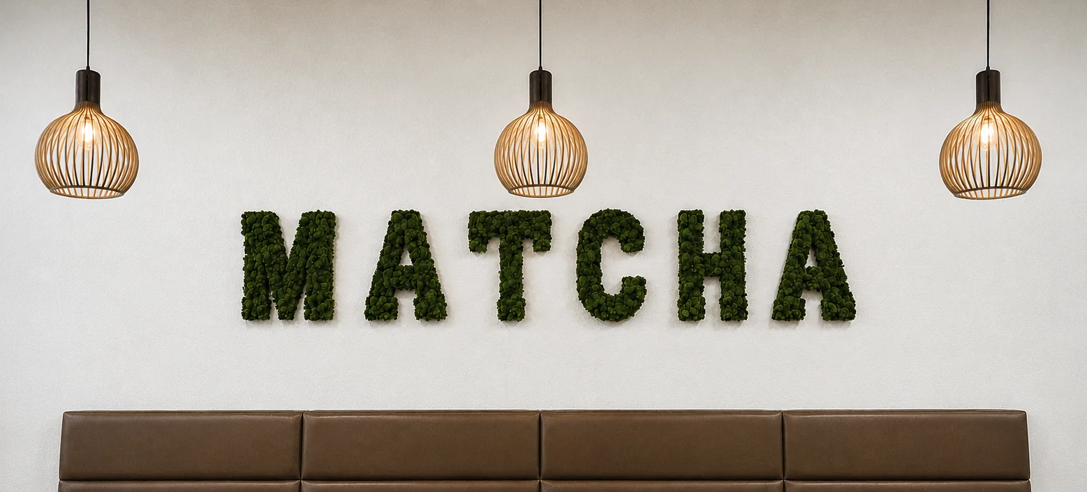 Cozy café interior with green 'MATCHA' wall art and wooden tables