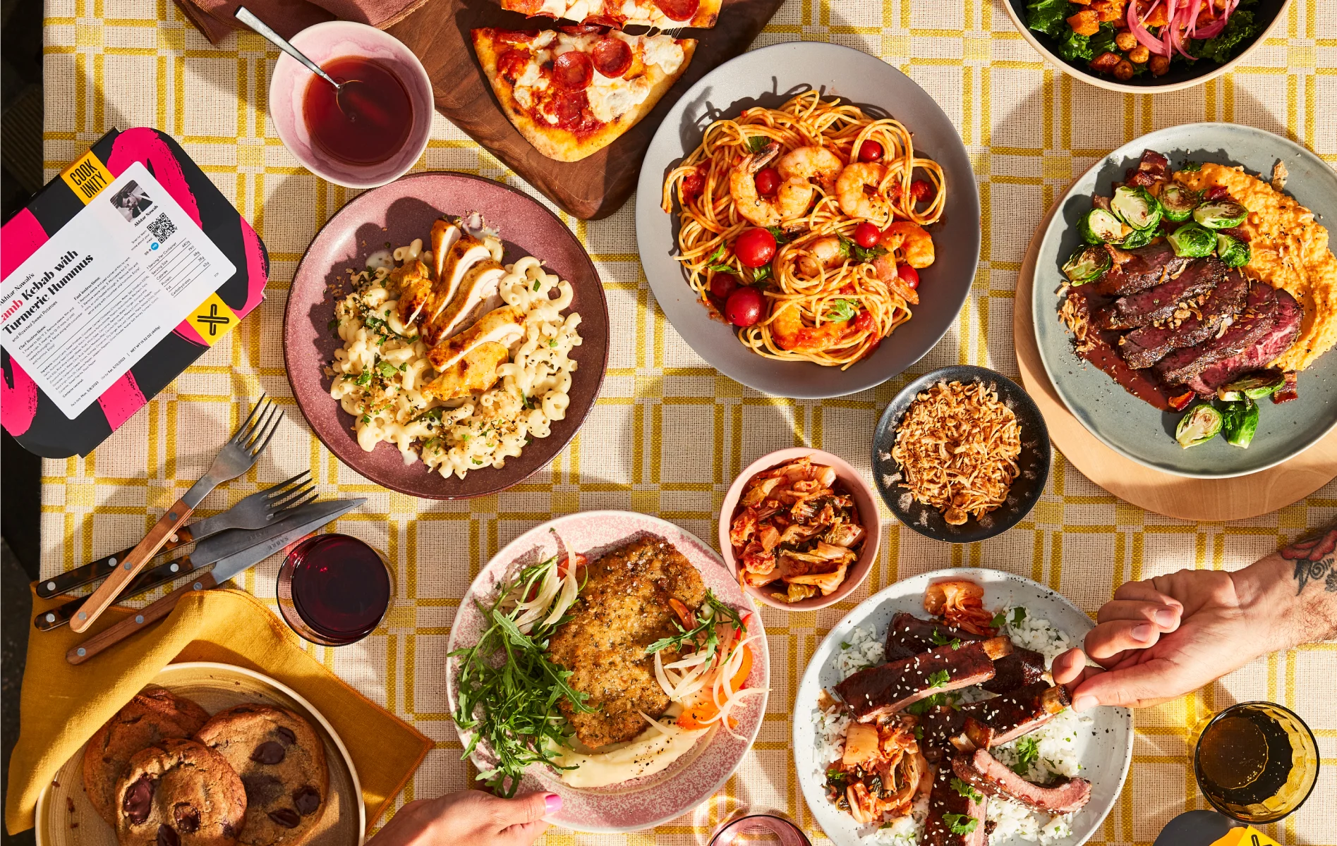 Diverse spread of global dishes on a dining table