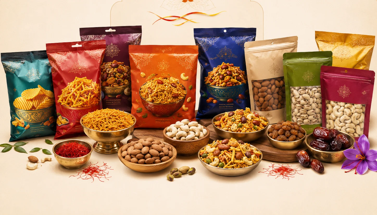 An assortment of snacks and nuts in decorative packaging on a light background.