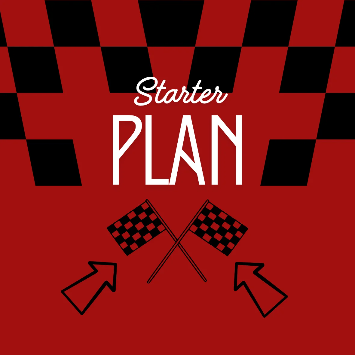Red and black checkered background with 'Starter Plan' text and crossed flags.