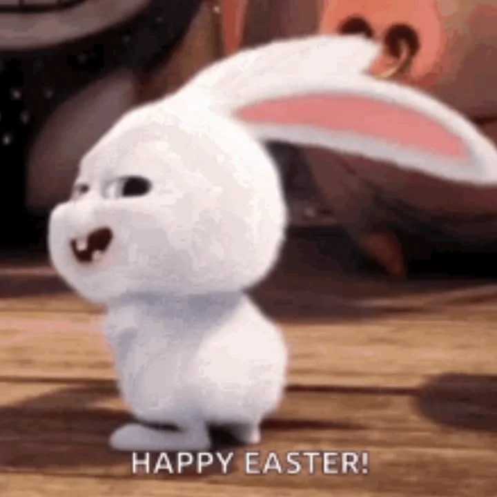 Animated bunny character celebrating Easter