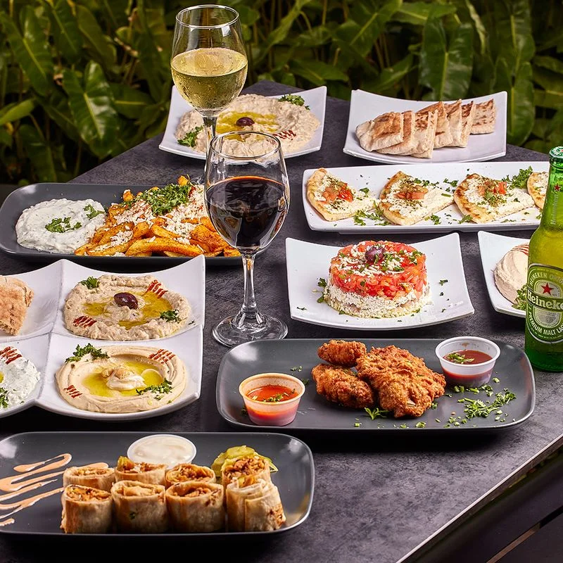 Mediterranean mezze platter with assorted dips and appetizers