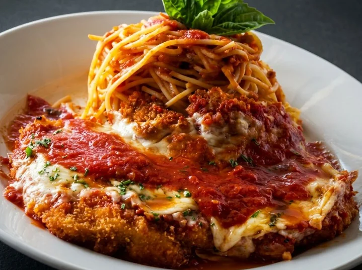 A plate featuring chicken parmesan topped with marinara sauce and melted cheese, served alongside spaghetti and garnished with a basil leaf.