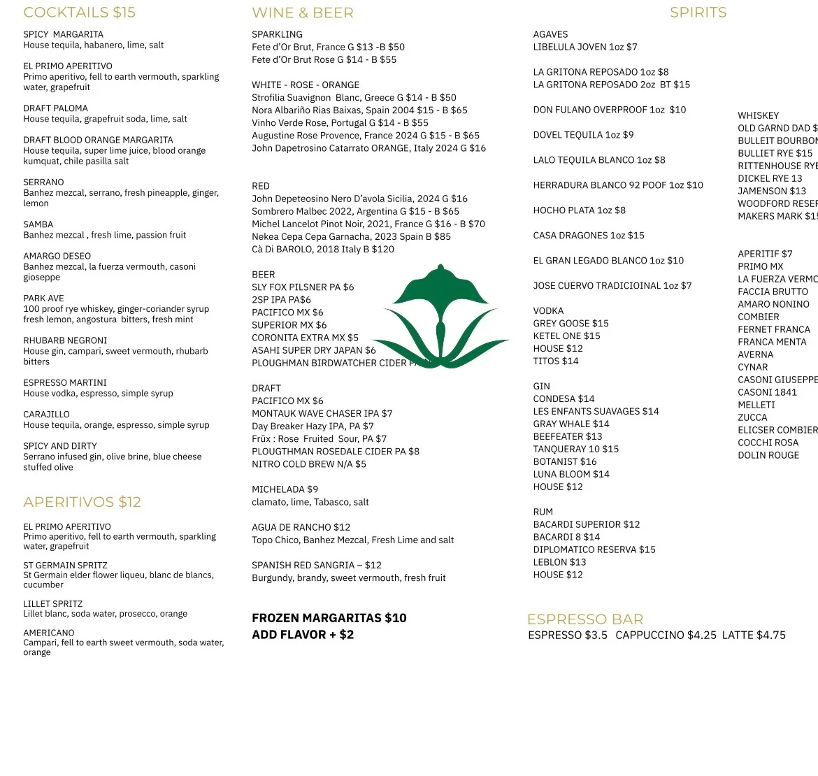 Menu featuring cocktails, wine, beer, spirits, and aperitivos.