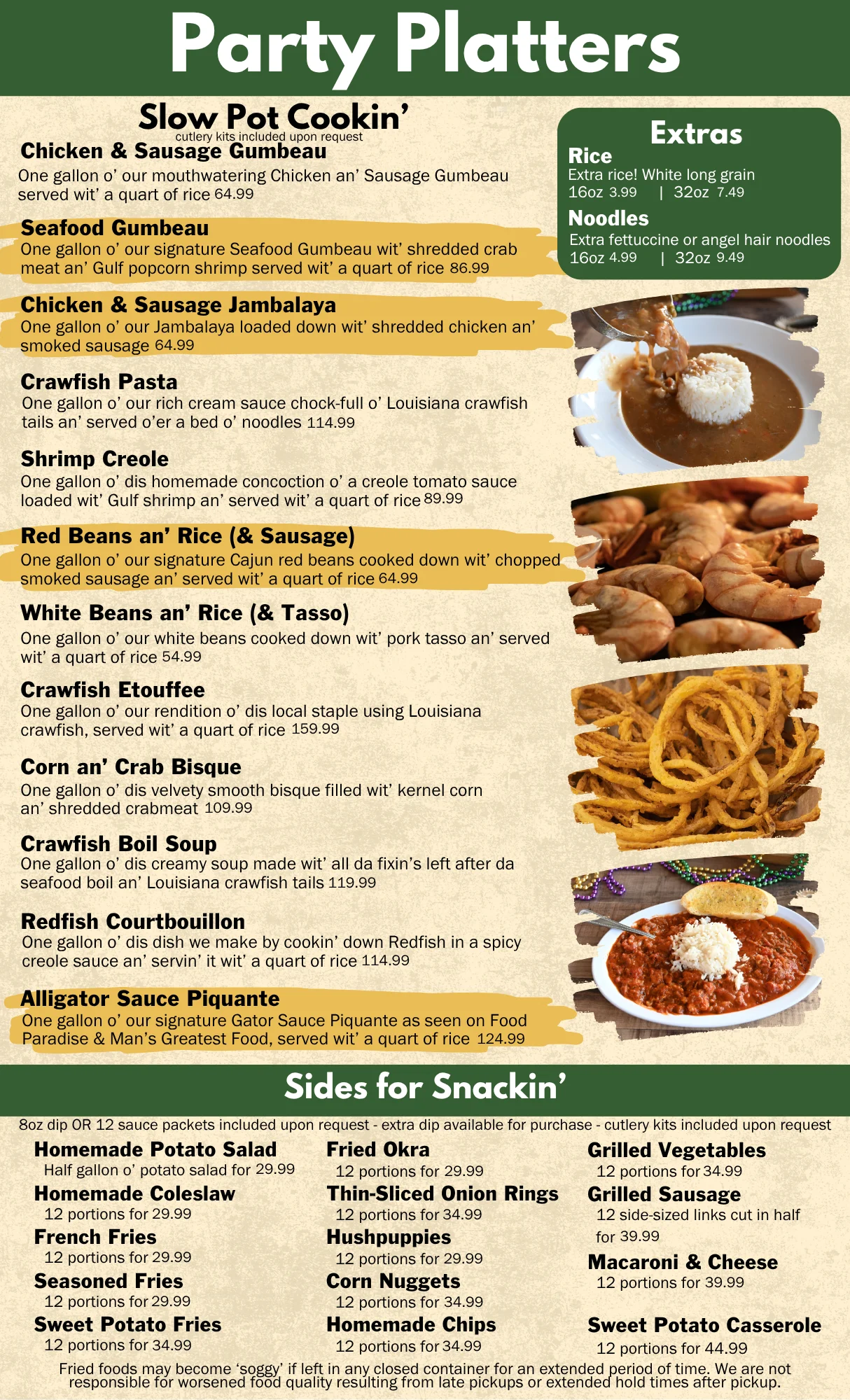 Menu of party platters featuring various Cajun dishes and sides.