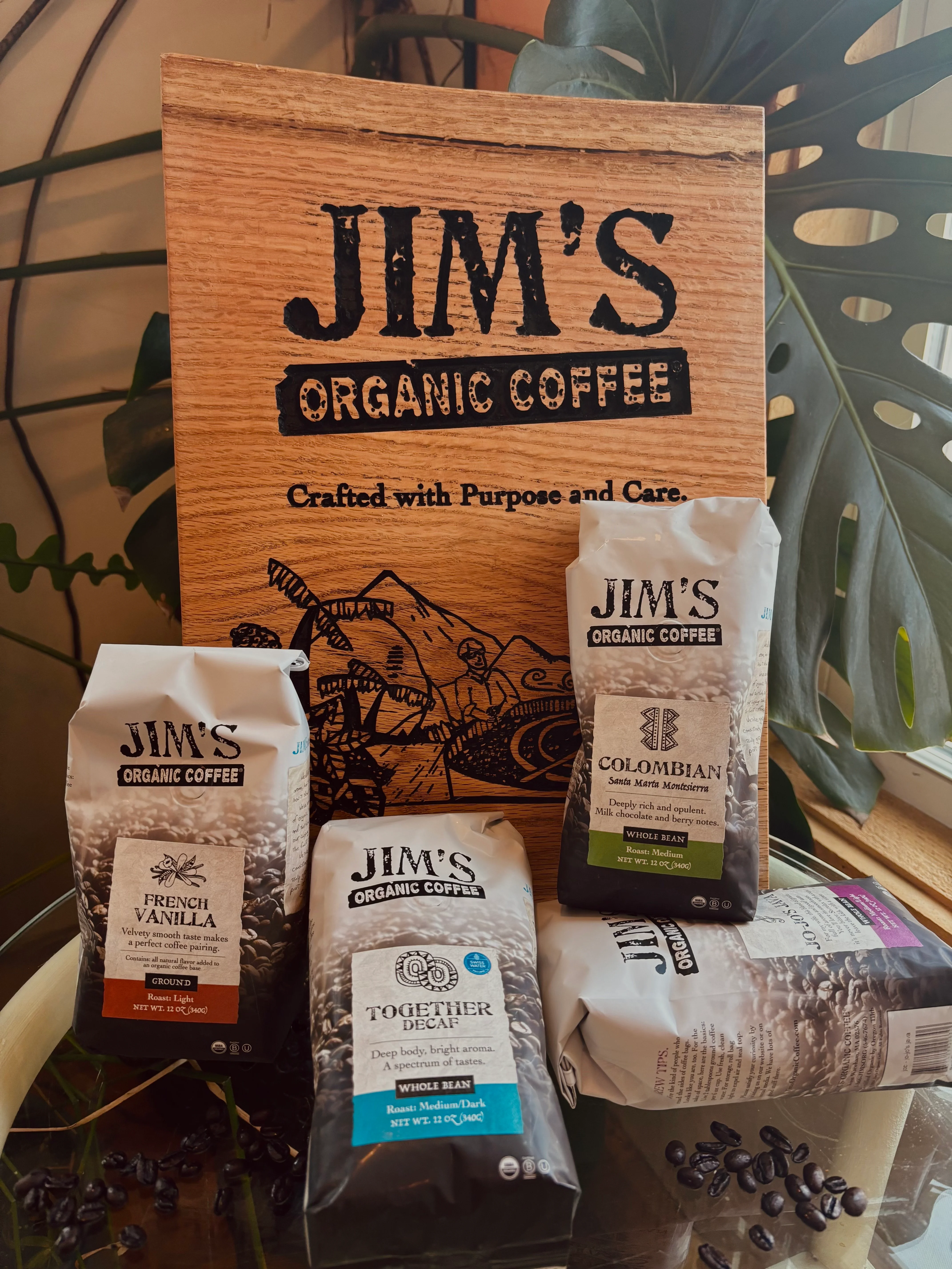 Selection of organic coffee bags from Jim's Coffee