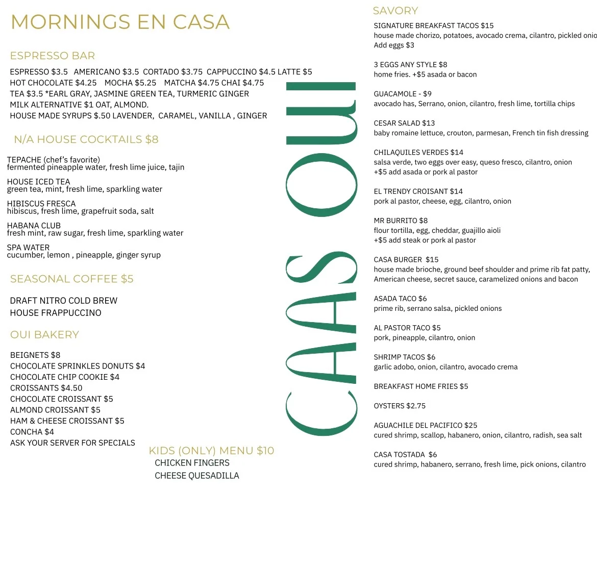 Menu featuring breakfast and savory items at CAAS OUI restaurant.