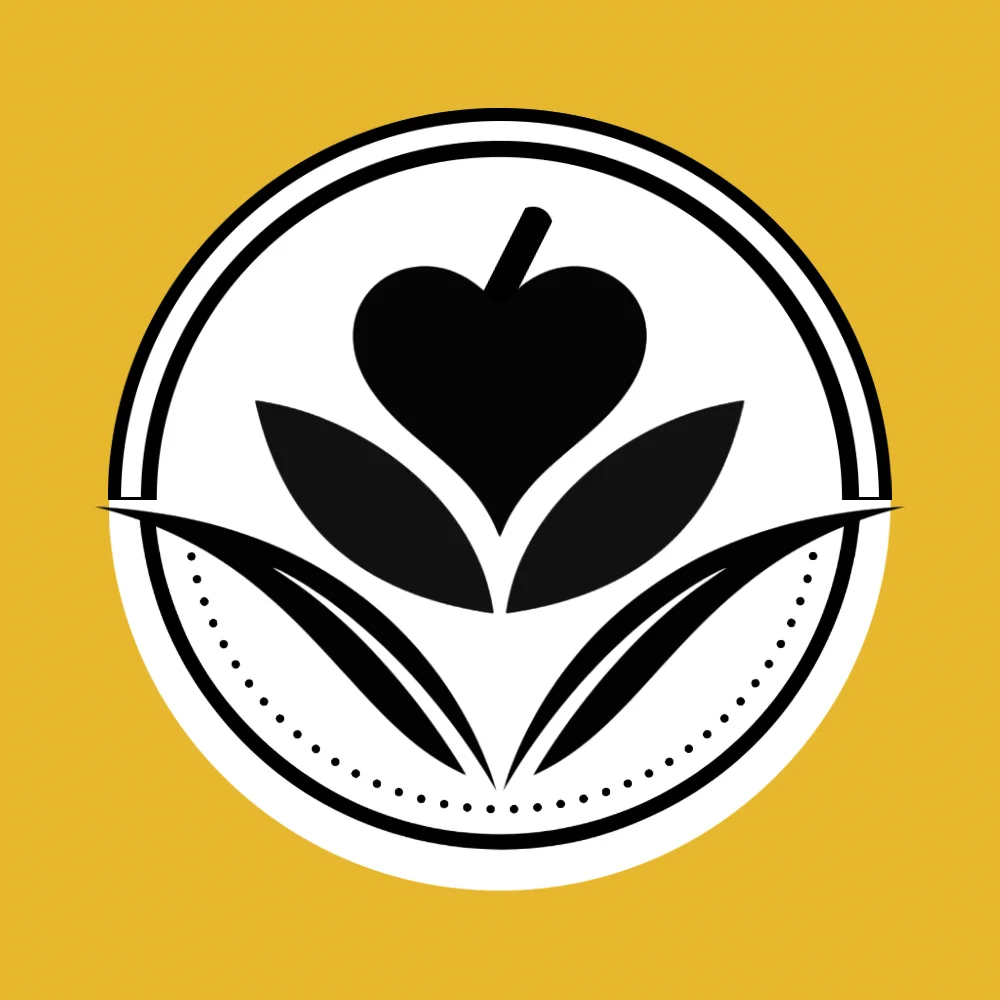 A graphic logo featuring a heart-shaped design above two stylized leaves, set against a bright yellow background.