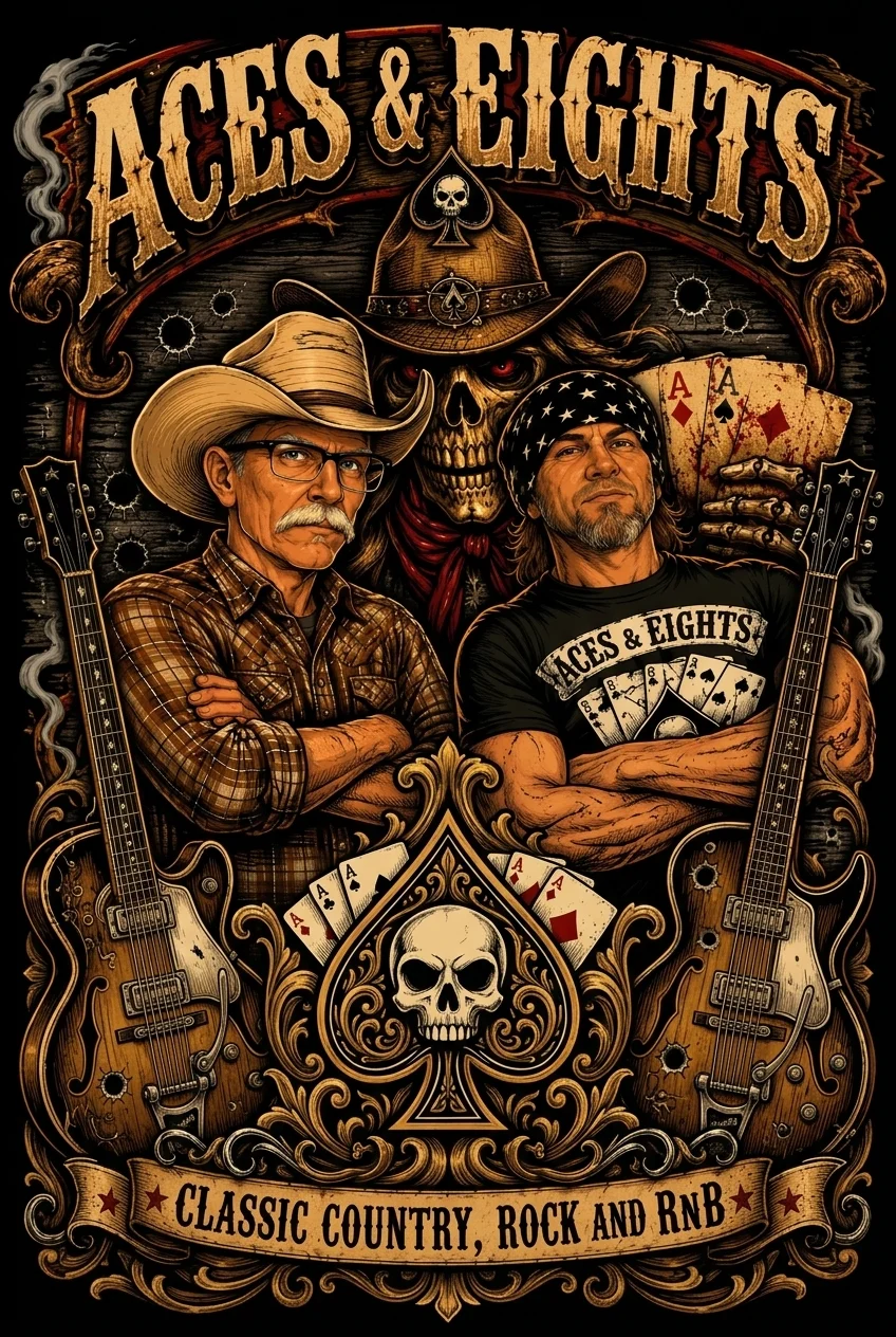 Illustration of musicians with guitars and skull, themed around classic country and rock.