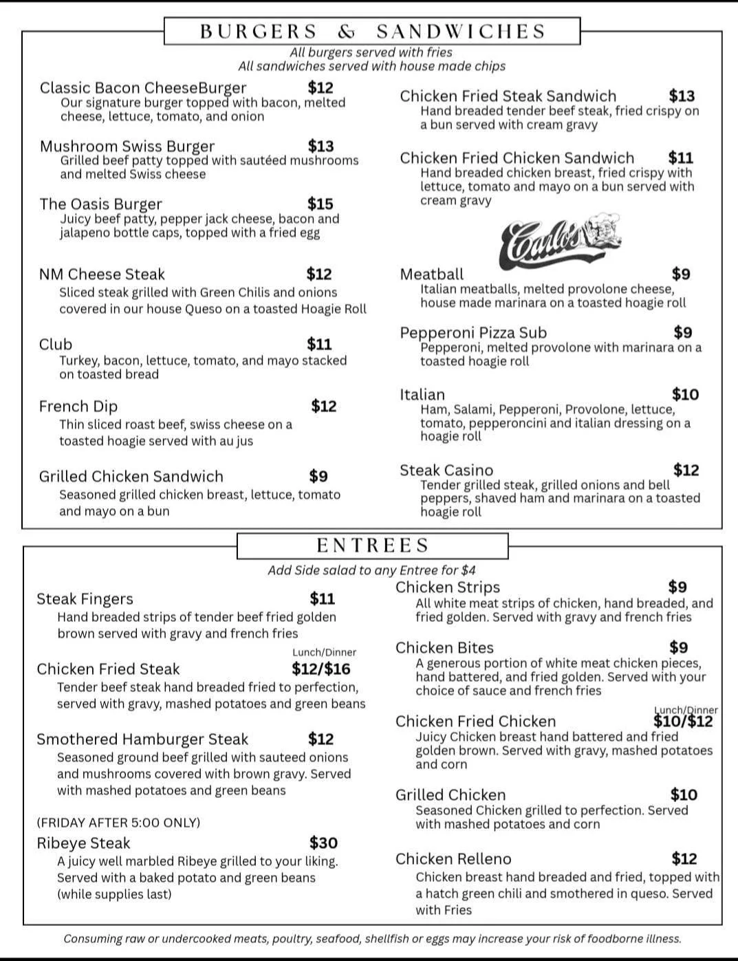 Restaurant menu featuring burgers, sandwiches, and American comfort food entrees