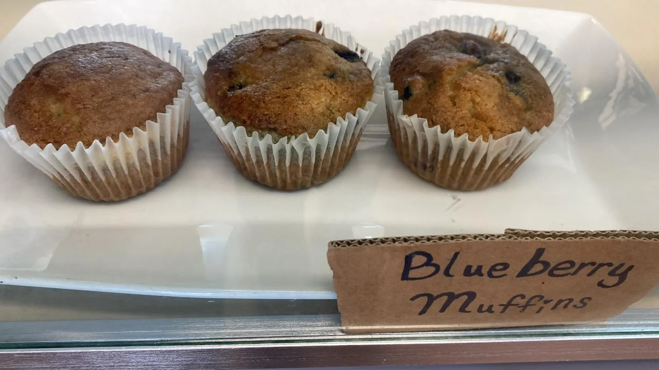 Three freshly baked blueberry muffins in white paper liners, displayed on a white plate.