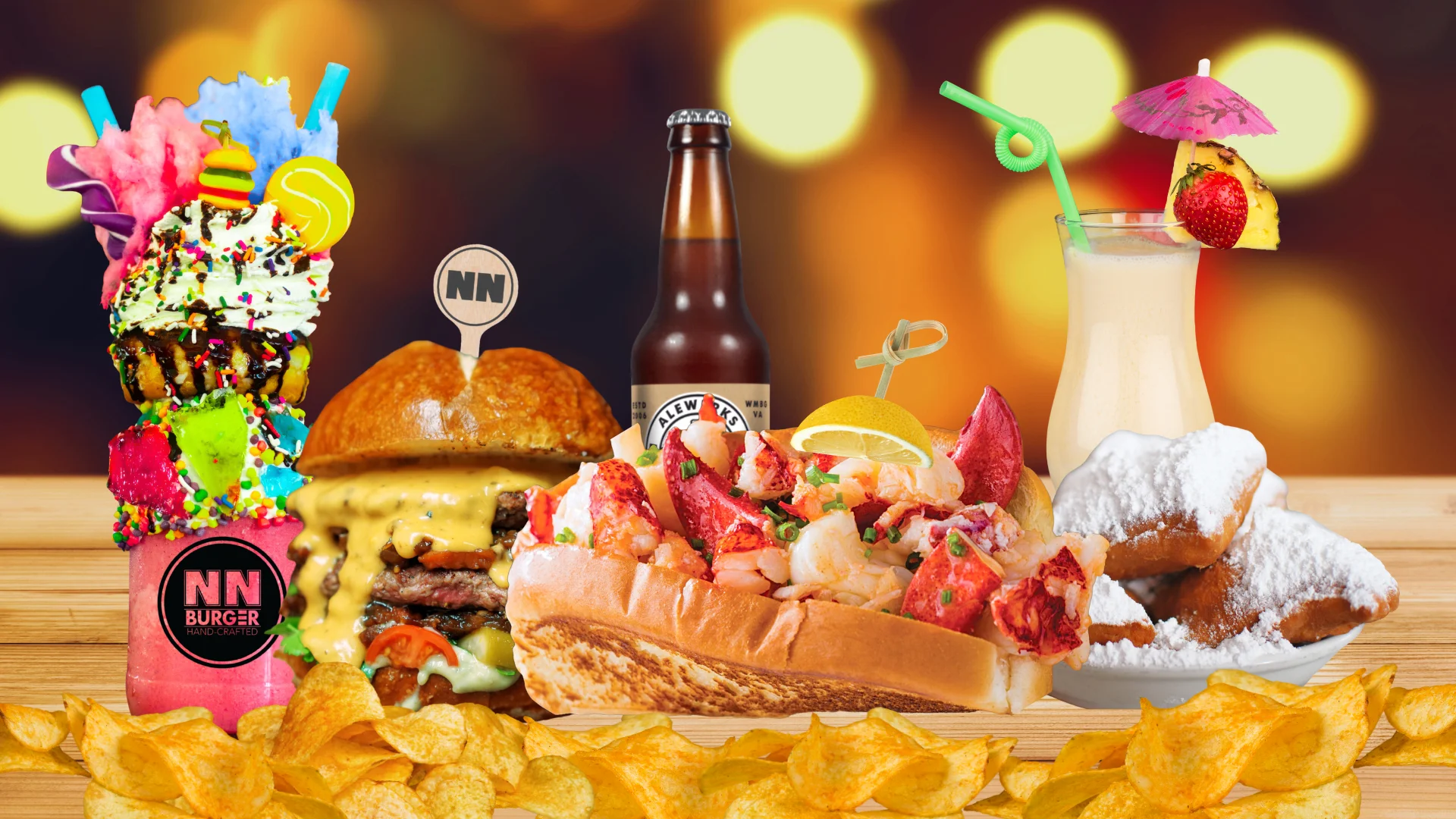 Colorful milkshake and gourmet burger with seafood roll and beignets