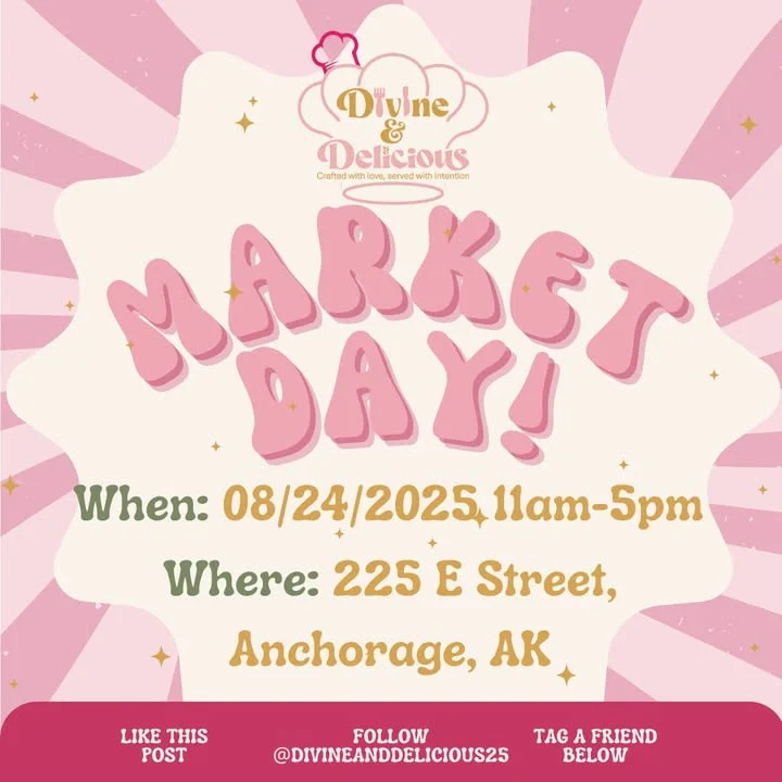 A colorful promotional image for a market day event, featuring playful text and details about the date and location.