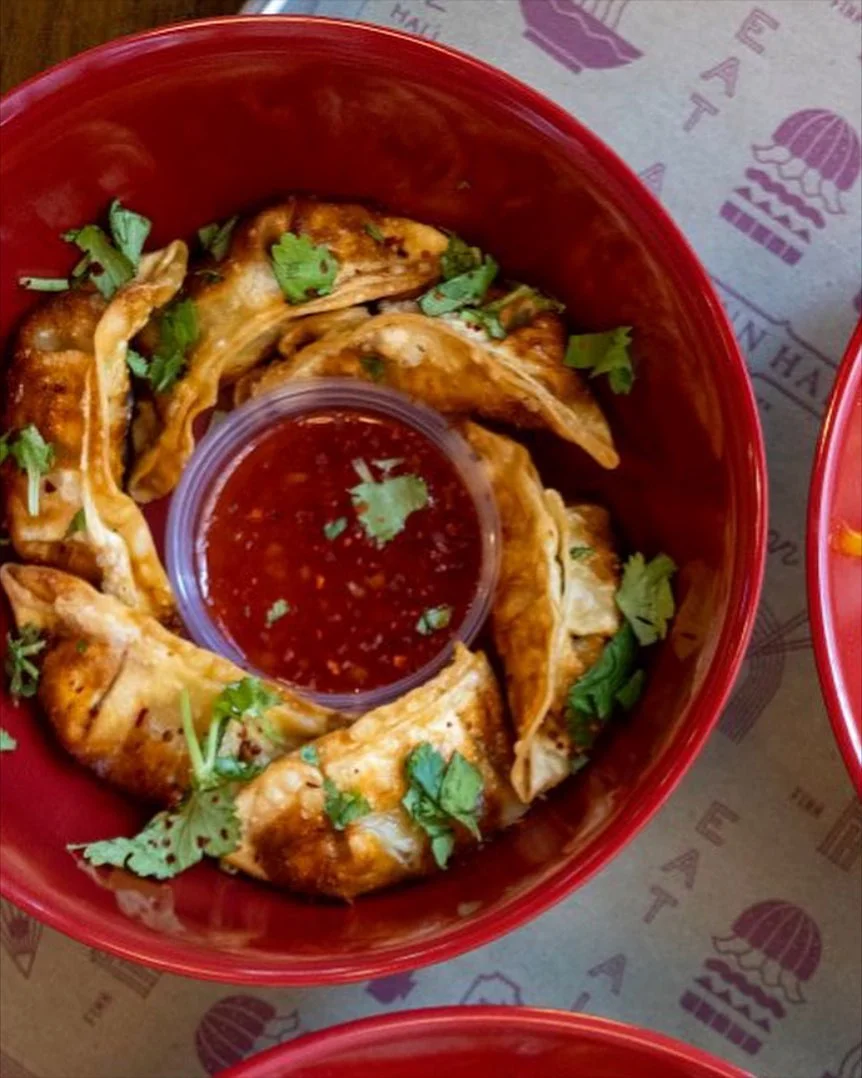 Crispy Chinese potstickers with dipping sauce