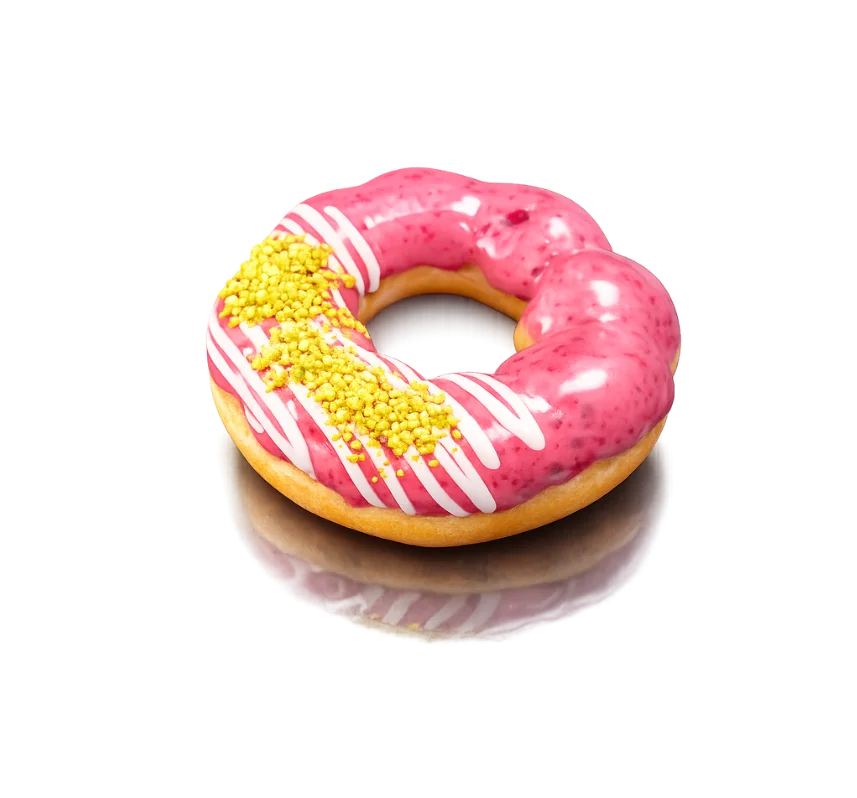Raspberry Pistachio mochi donut with raspberry glaze, white chocolate drizzle, and pistachio crumbles
