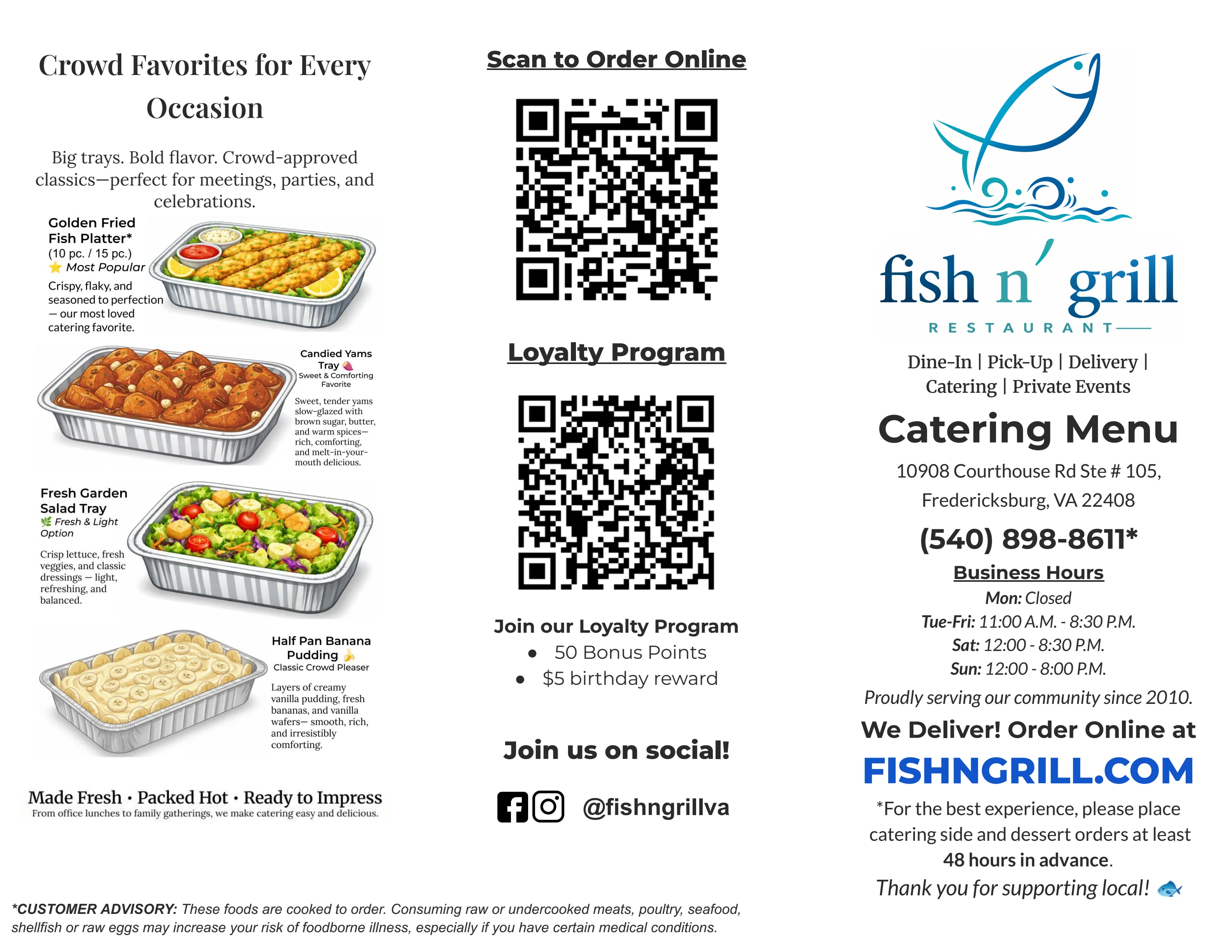To-go catering trays with seafood and wings