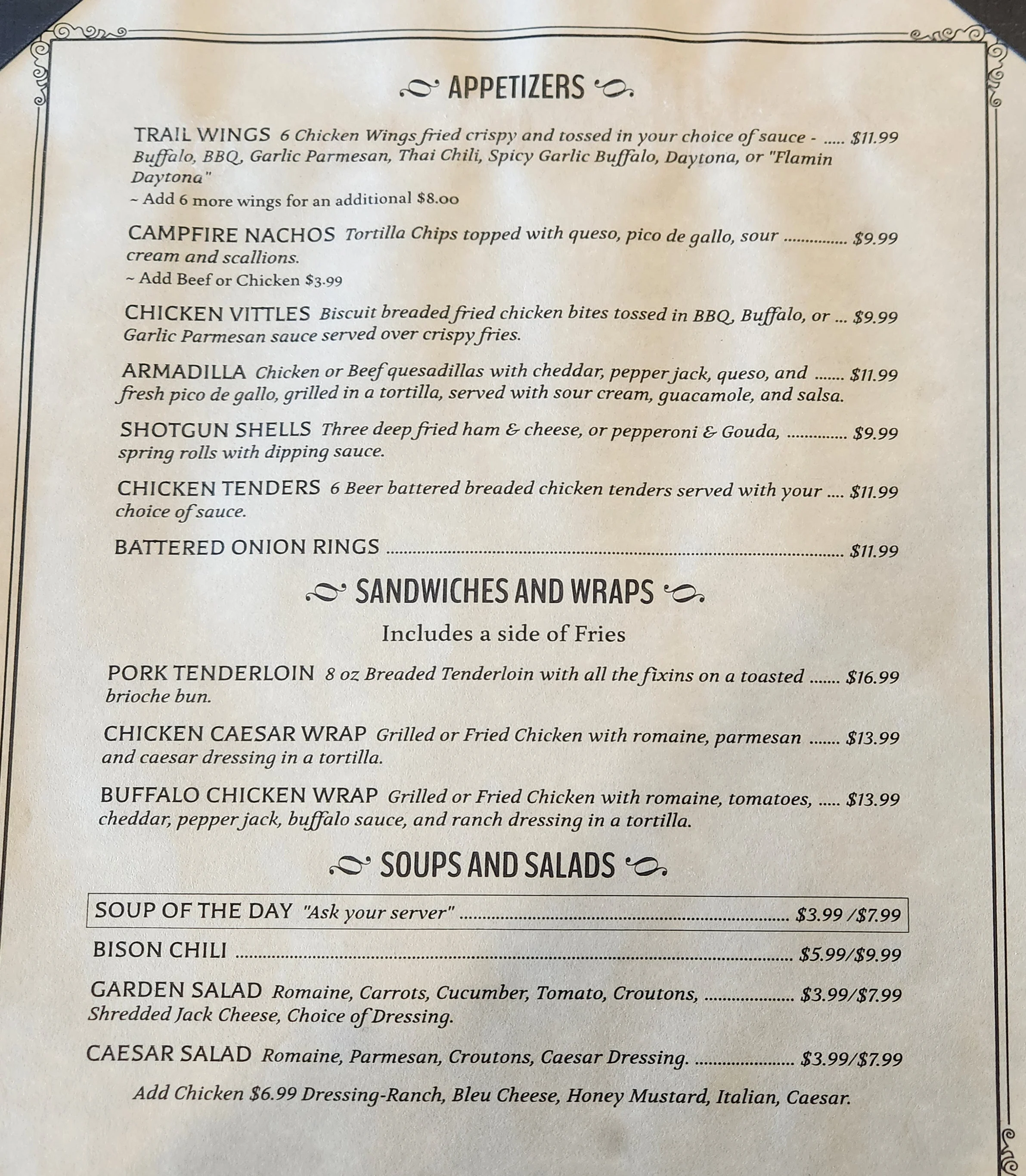 Appetizer menu featuring wings, nachos, and chicken tenders