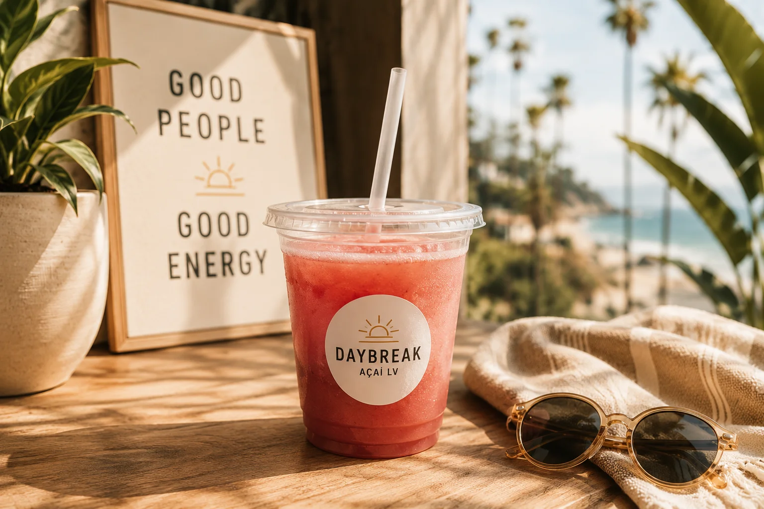 Refreshing drink on a wooden table with beach view and positive quotes.