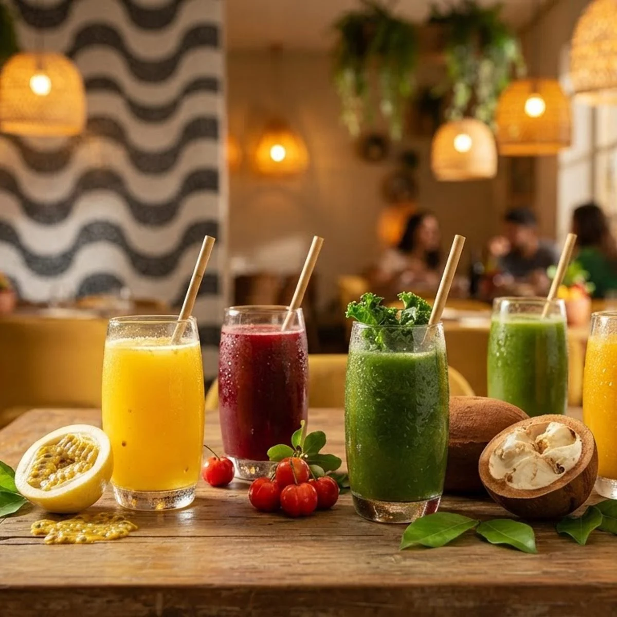 Colorful assortment of fresh smoothies in a cozy restaurant setting