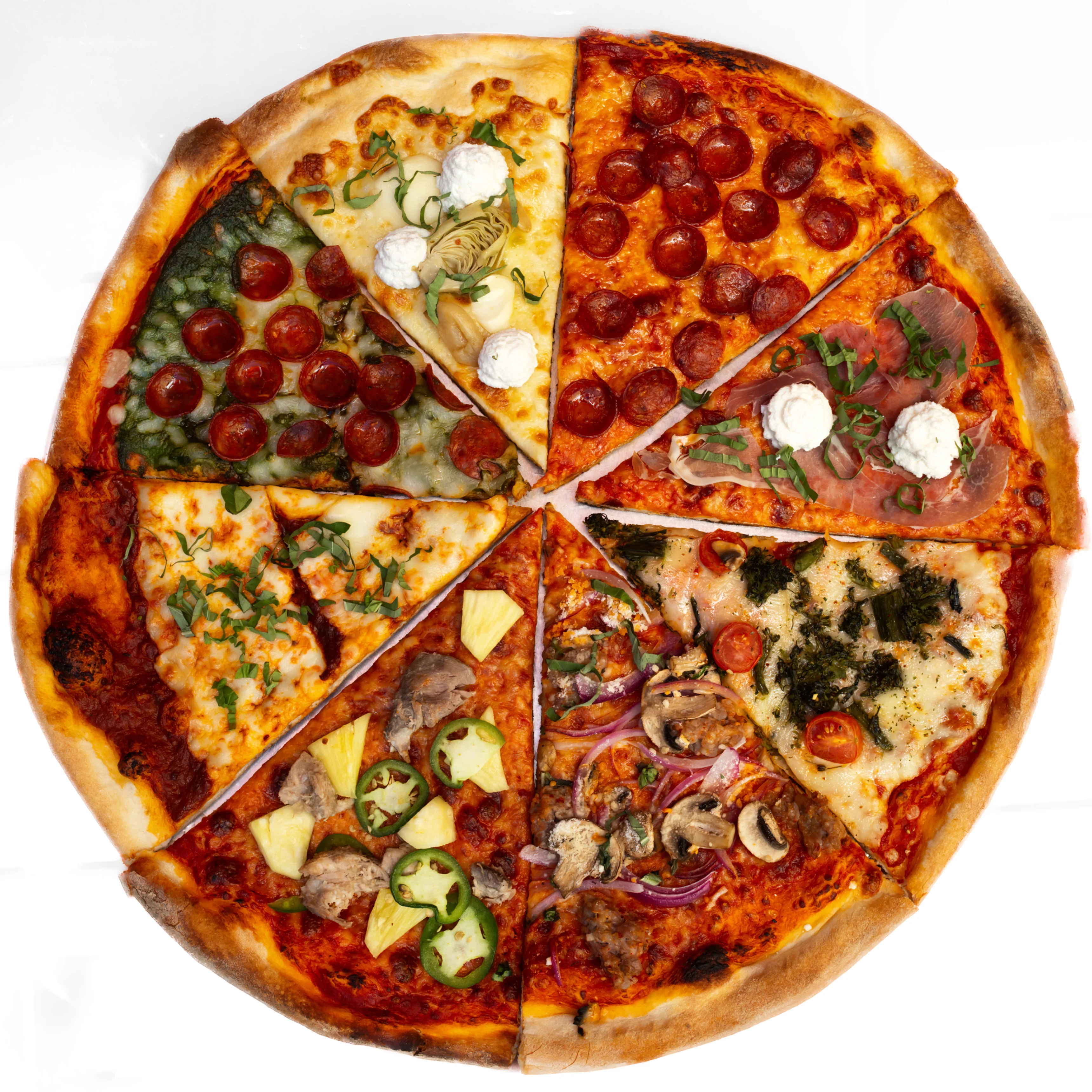 Variety of gourmet pizzas on a wooden board