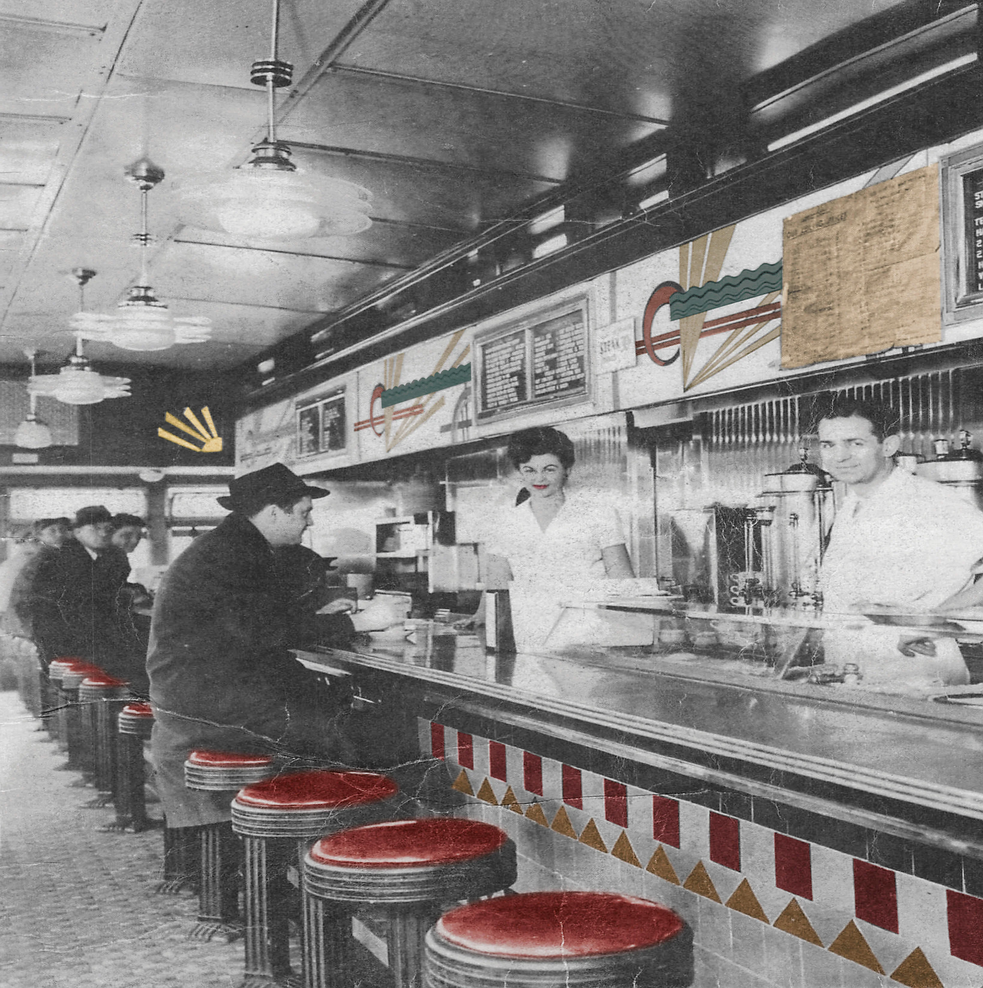 Vintage diner interior with patrons at the counter