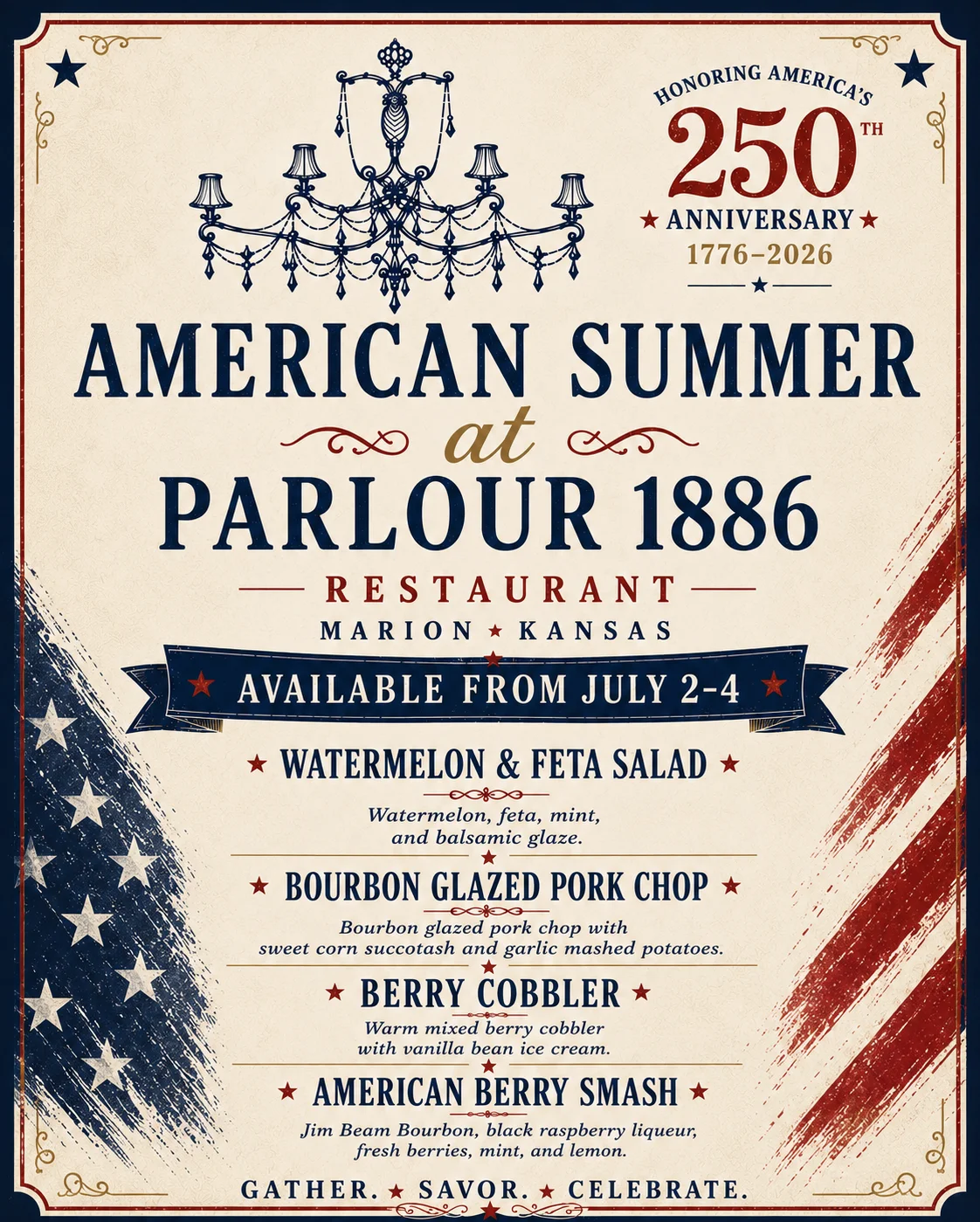 American summer menu at a restaurant featuring seasonal dishes