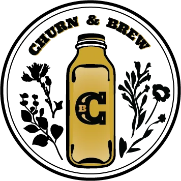 Logo of Churn & Brew featuring a vintage milk bottle and floral design