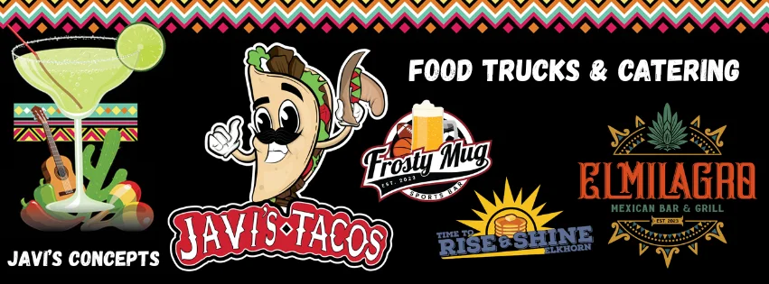 Logo collage of Javi's Concepts, Javi's Tacos, Frosty Mug, Rise & Shine, El Milagro