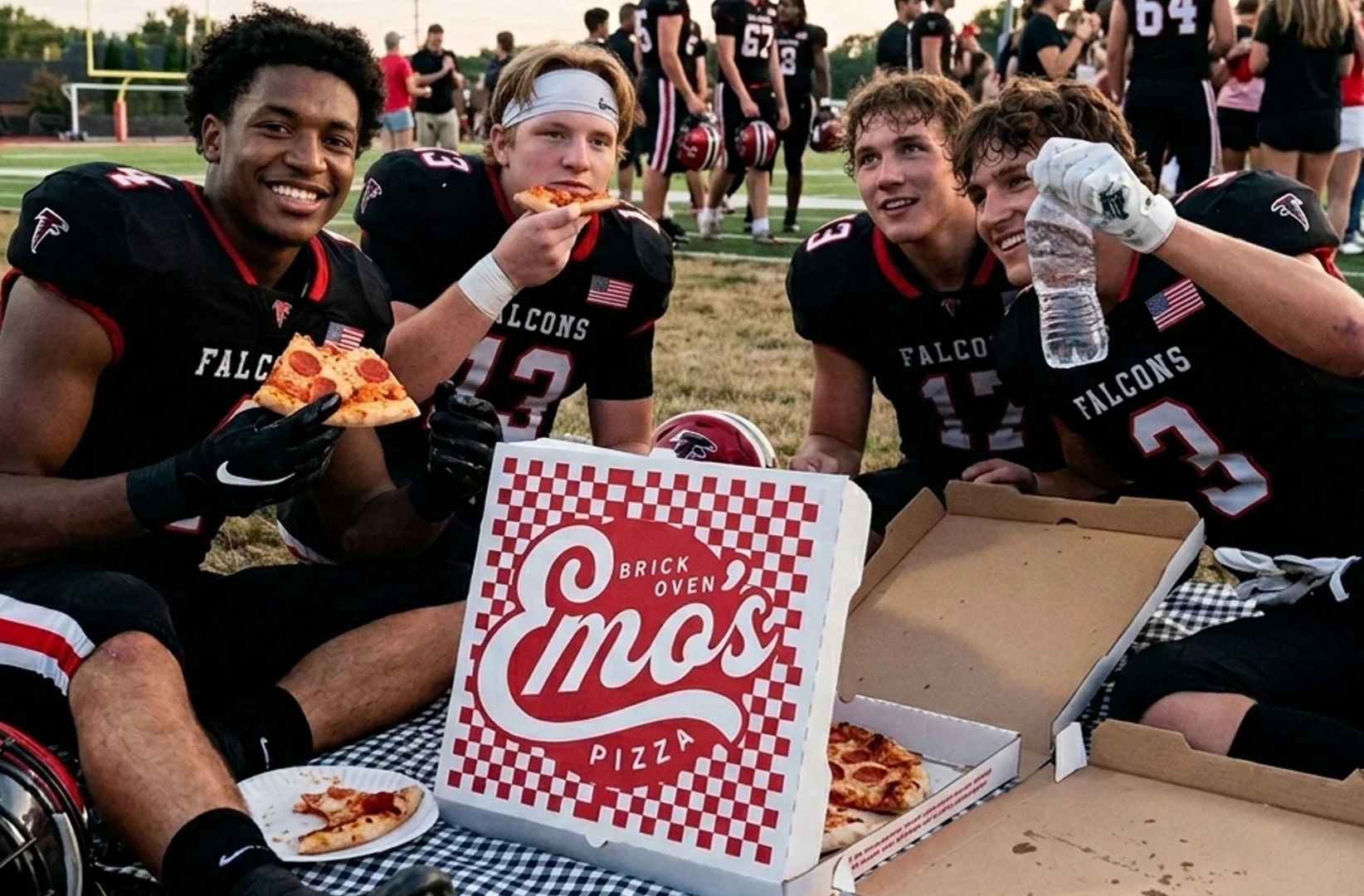 Football players enjoying pepperoni pizza after a game