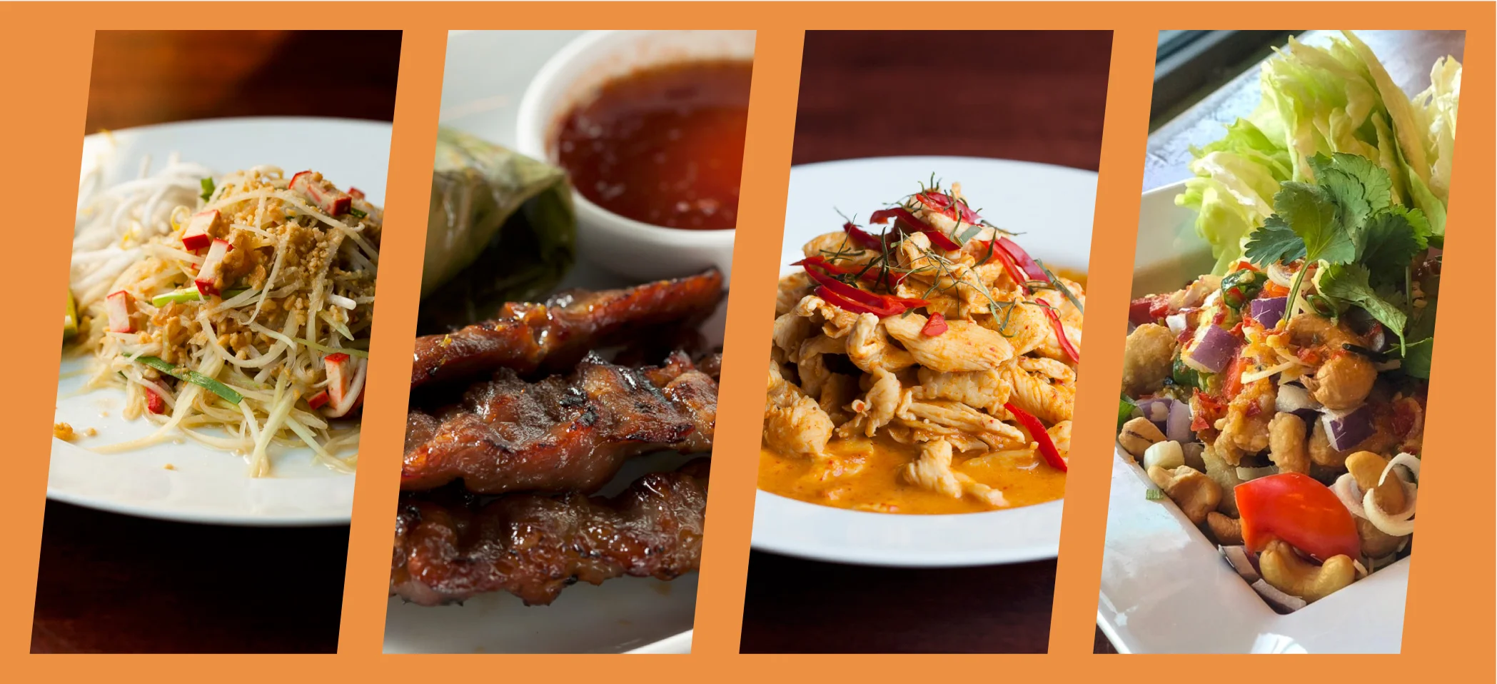 Assorted Thai dishes including papaya salad and grilled chicken
