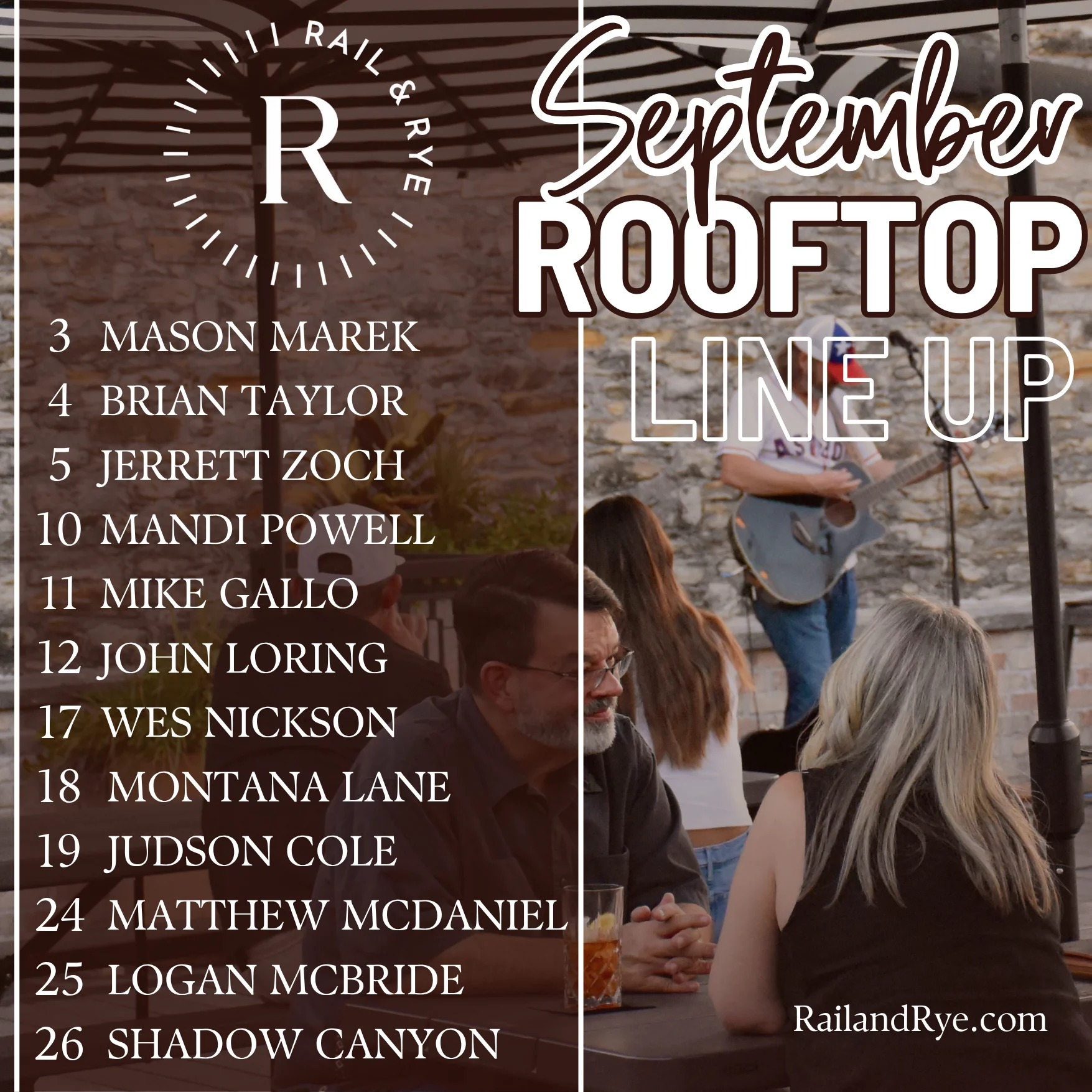 Live music performance on a rooftop at Rail & Rye restaurant