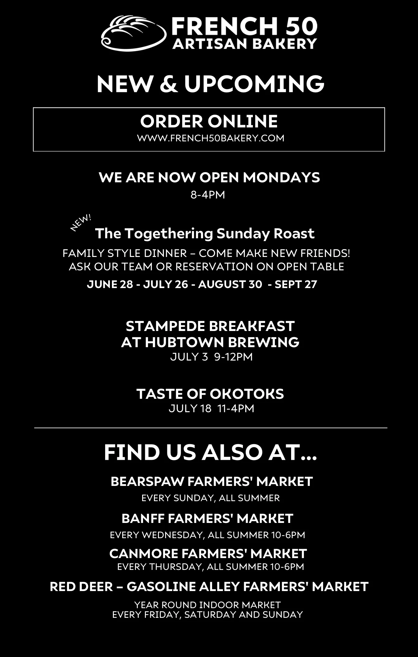 Upcoming events at French 50 Artisan Bakery with family-style dinners and markets
