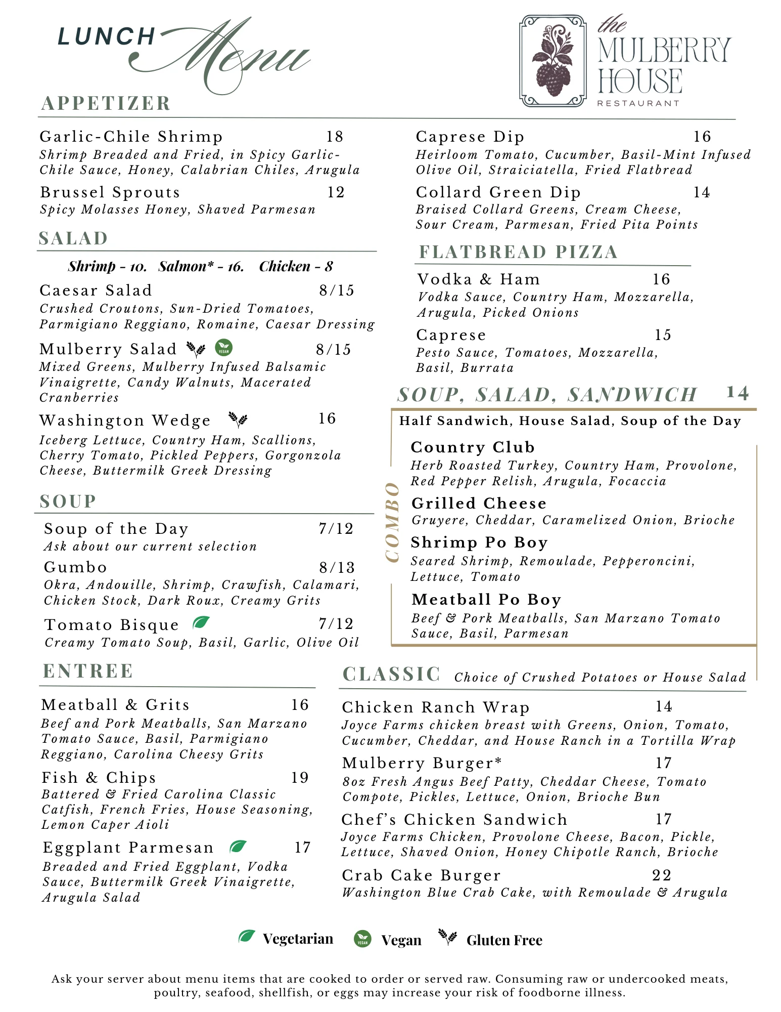 Lunch menu featuring diverse American dishes and appetizers