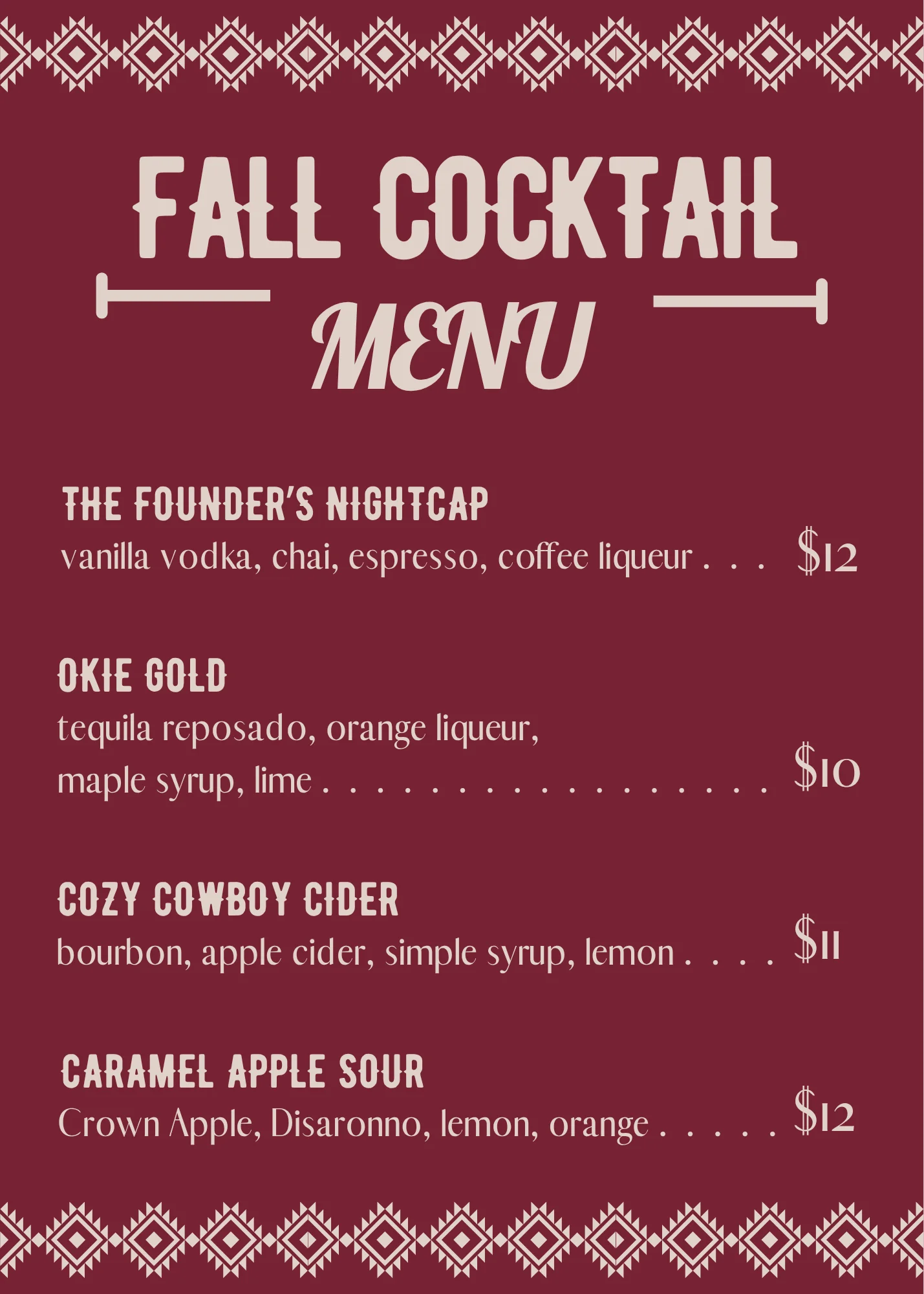 Fall cocktail menu featuring creative drinks at a bar