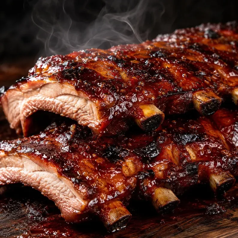 Smoky barbecue ribs glazed with sauce