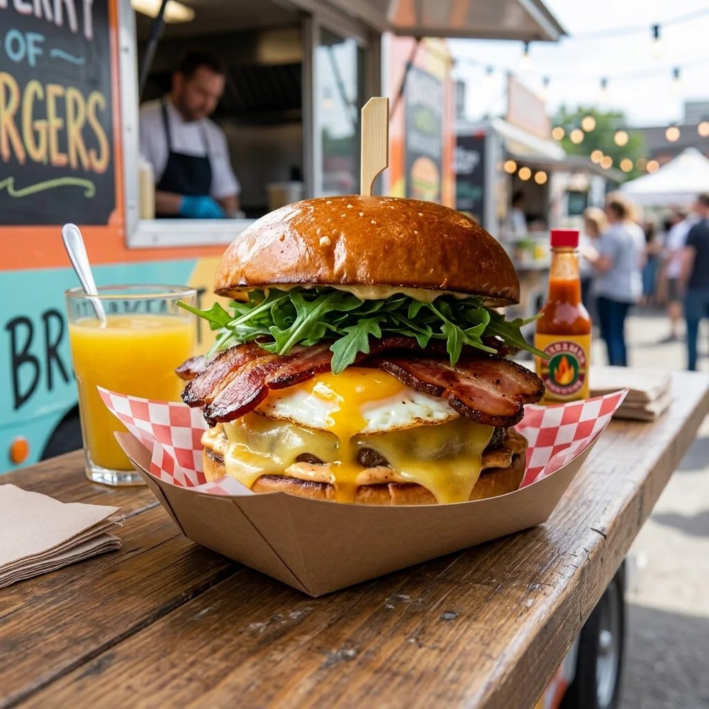 Gourmet burger with bacon and egg from a food truck