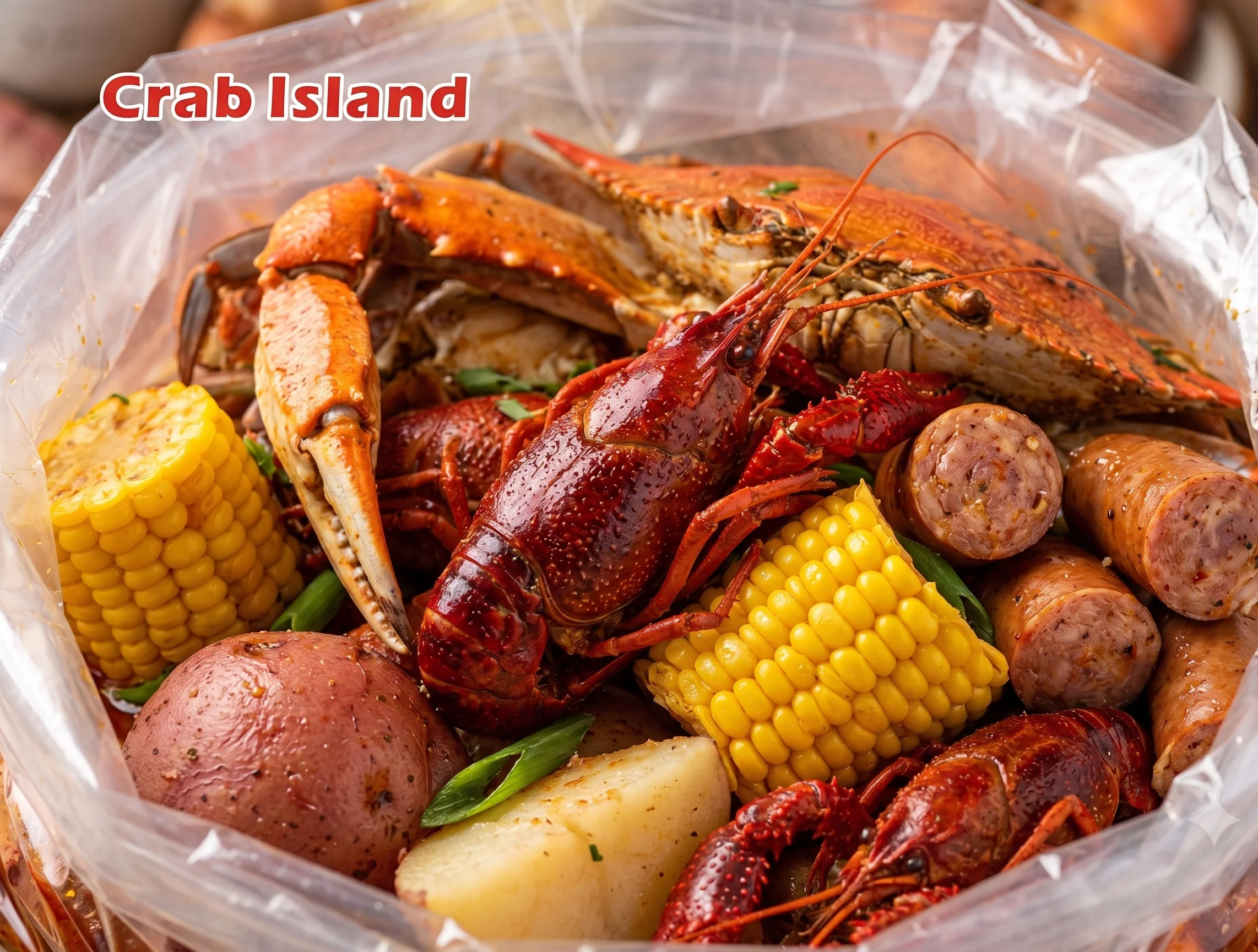 Seafood boil featuring crab, crawfish, and sausage