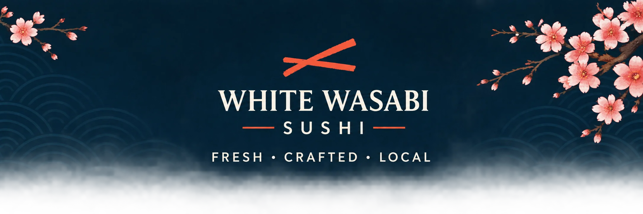Elegant logo design for White Wasabi Sushi with cherry blossoms and waves