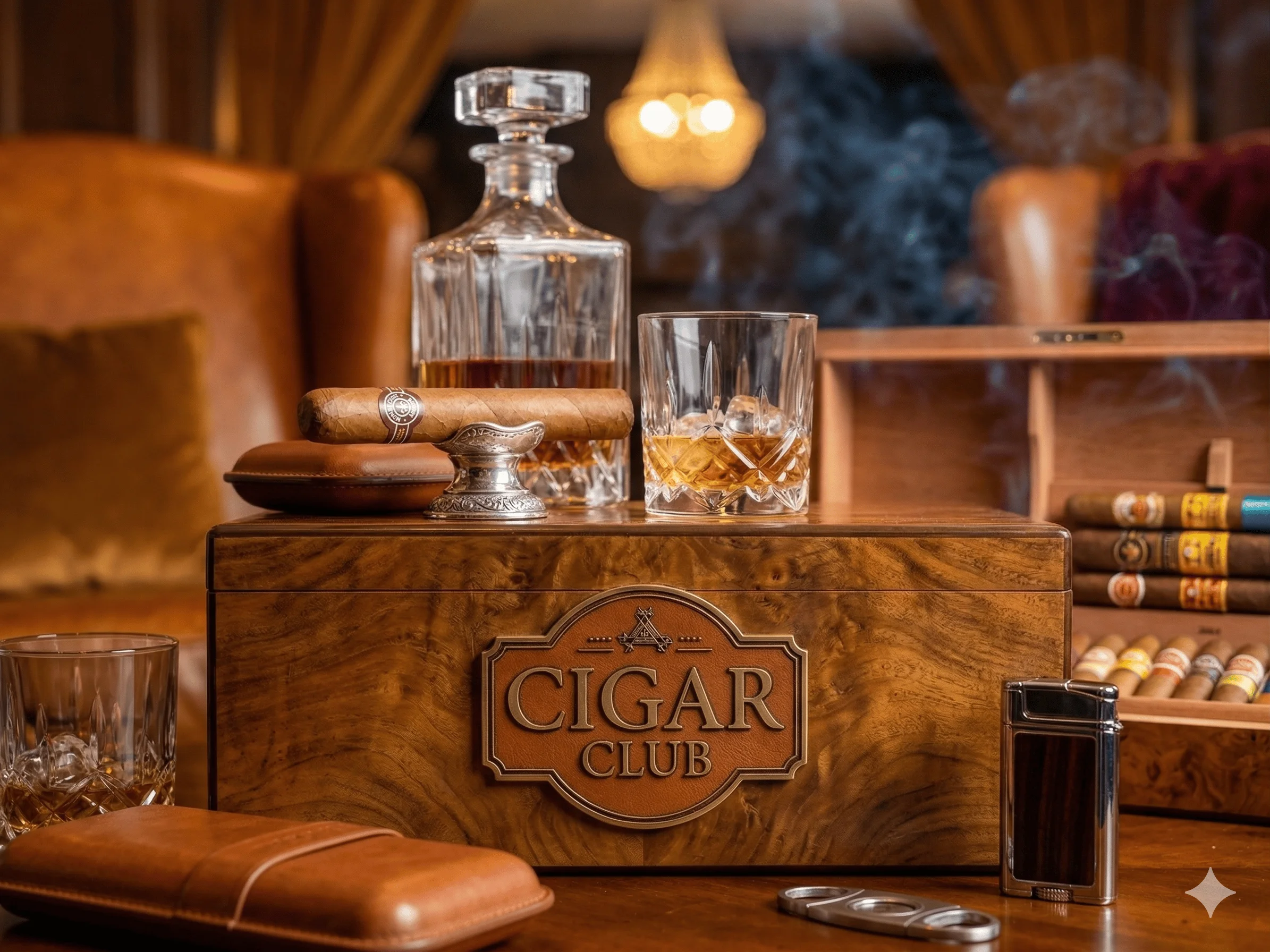 A sophisticated lounge area featuring leather chairs and a whiskey glass on a table. A cigar rests in an ashtray, and a membership card is displayed.