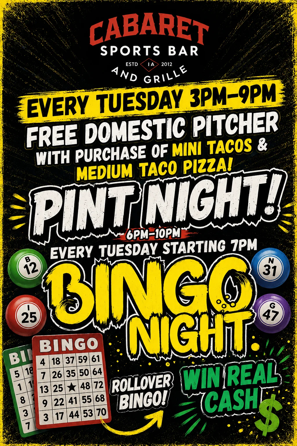 Promotional poster for Taco Tuesday and Bingo Night at Cabaret Sports Bar.