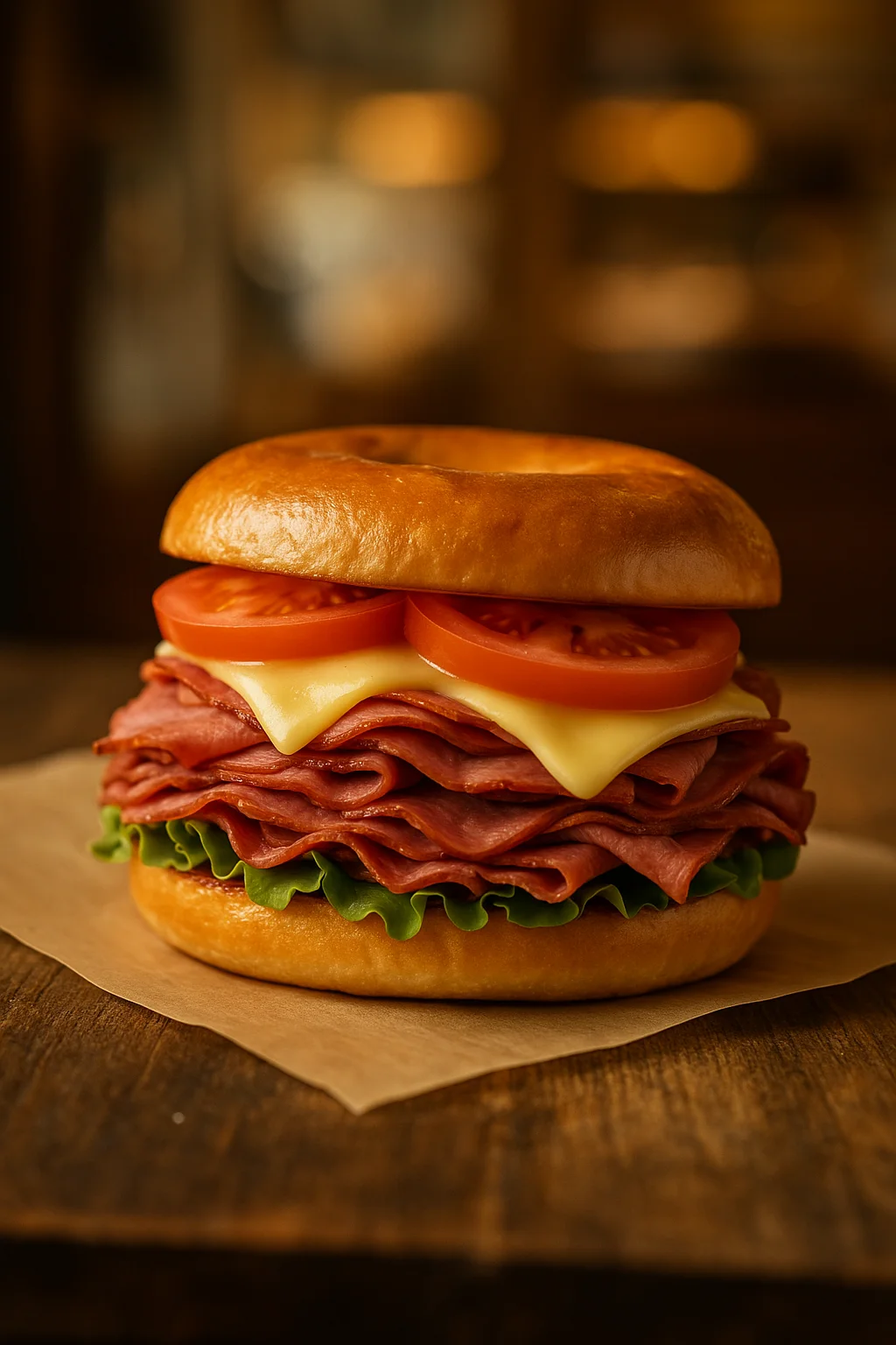 Classic deli-style roast beef sandwich on a bagel