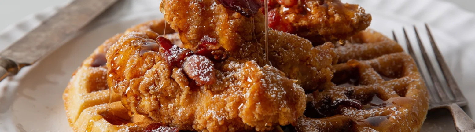 Southern chicken and waffles drizzled with syrup